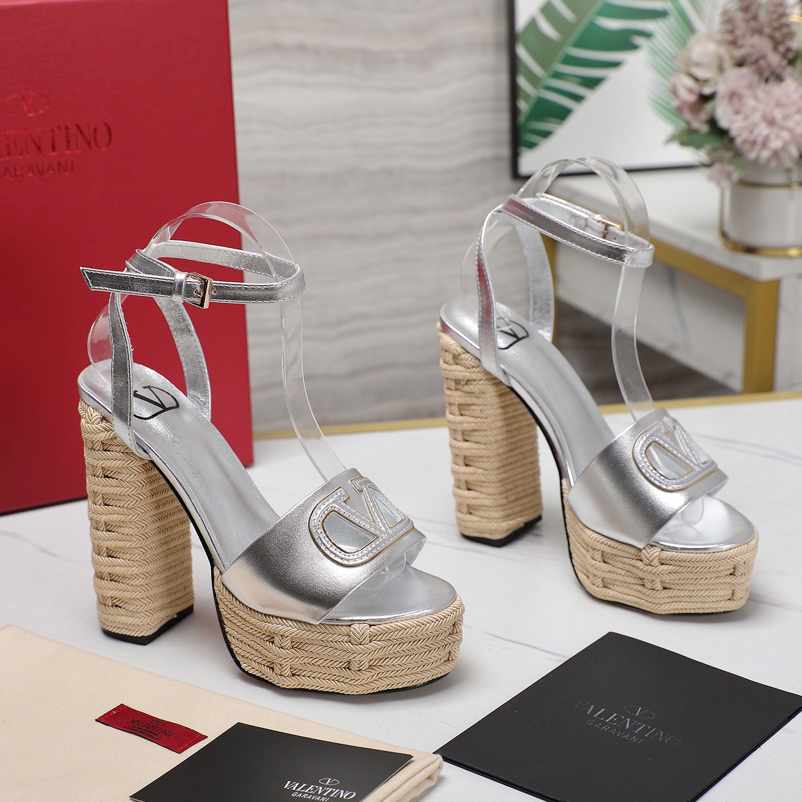 Valentino Garavani Raffia Platform Sandals High Heel Ankle Strap Silver 4 a1719667287833 0180