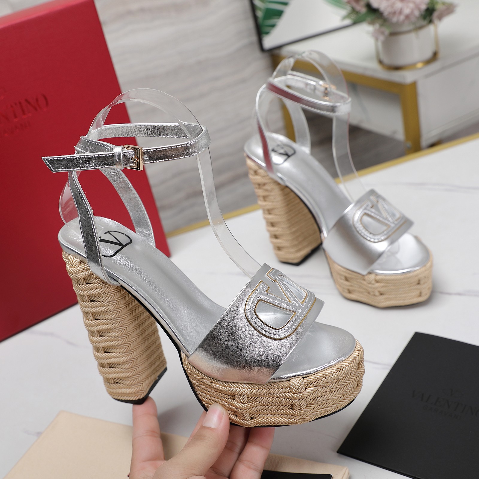 Valentino Garavani Raffia Platform Sandals High Heel Ankle Strap Silver 2 a1719667287834 2744