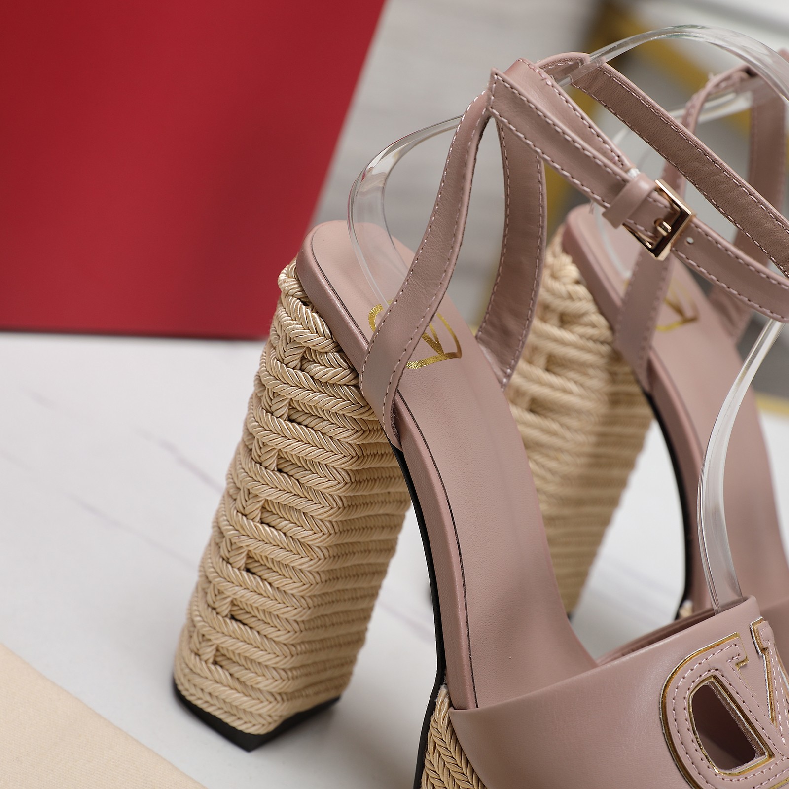 Valentino Women's Platform Heeled Sandals Leather Braided Ankle Strap Pink 8 a1719667792856 1044