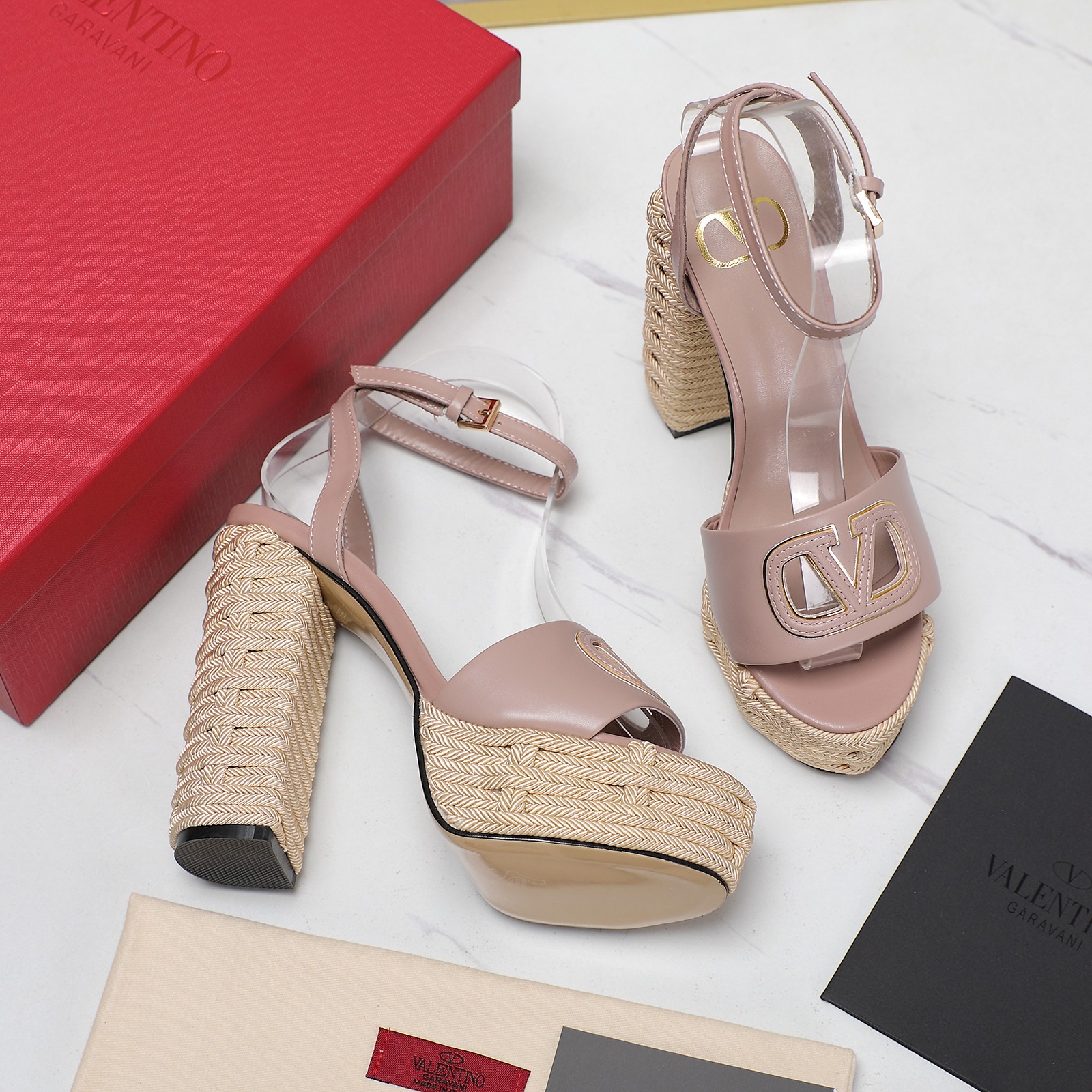 Valentino Women's Platform Heeled Sandals Leather Braided Ankle Strap Pink 5 a1719667792986 2410
