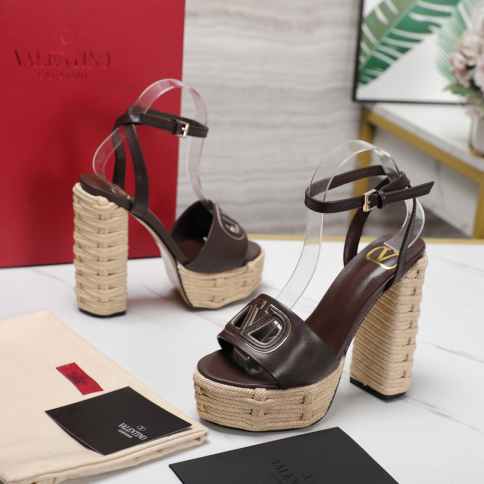 Valentino Platform Sandals,Woven Rope,Brown Leather,Women's High Heel Shoes 6 a1719668013264 2277