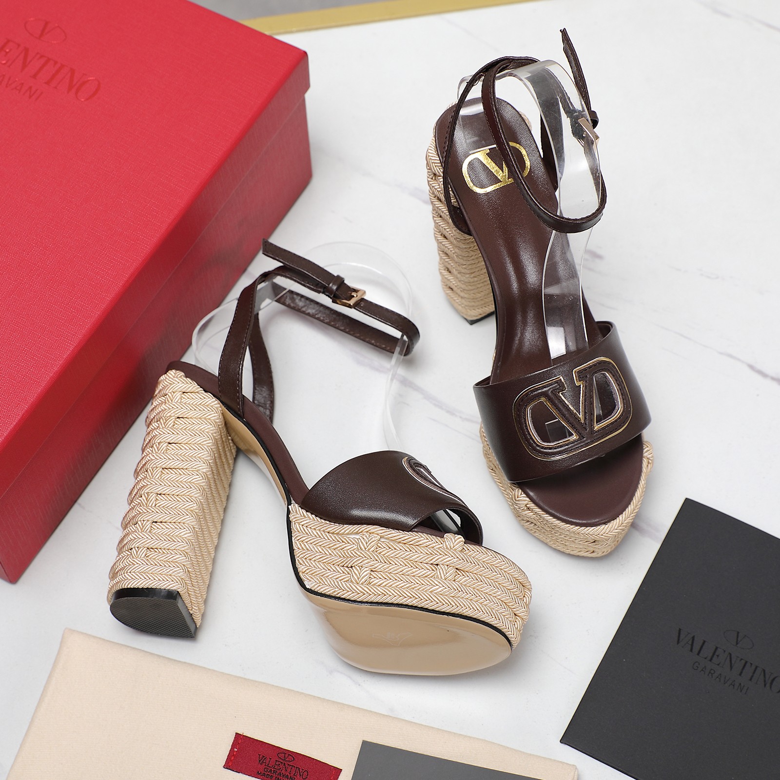 Valentino Platform Sandals,Woven Rope,Brown Leather,Women's High Heel Shoes 7 a1719668013293 5127