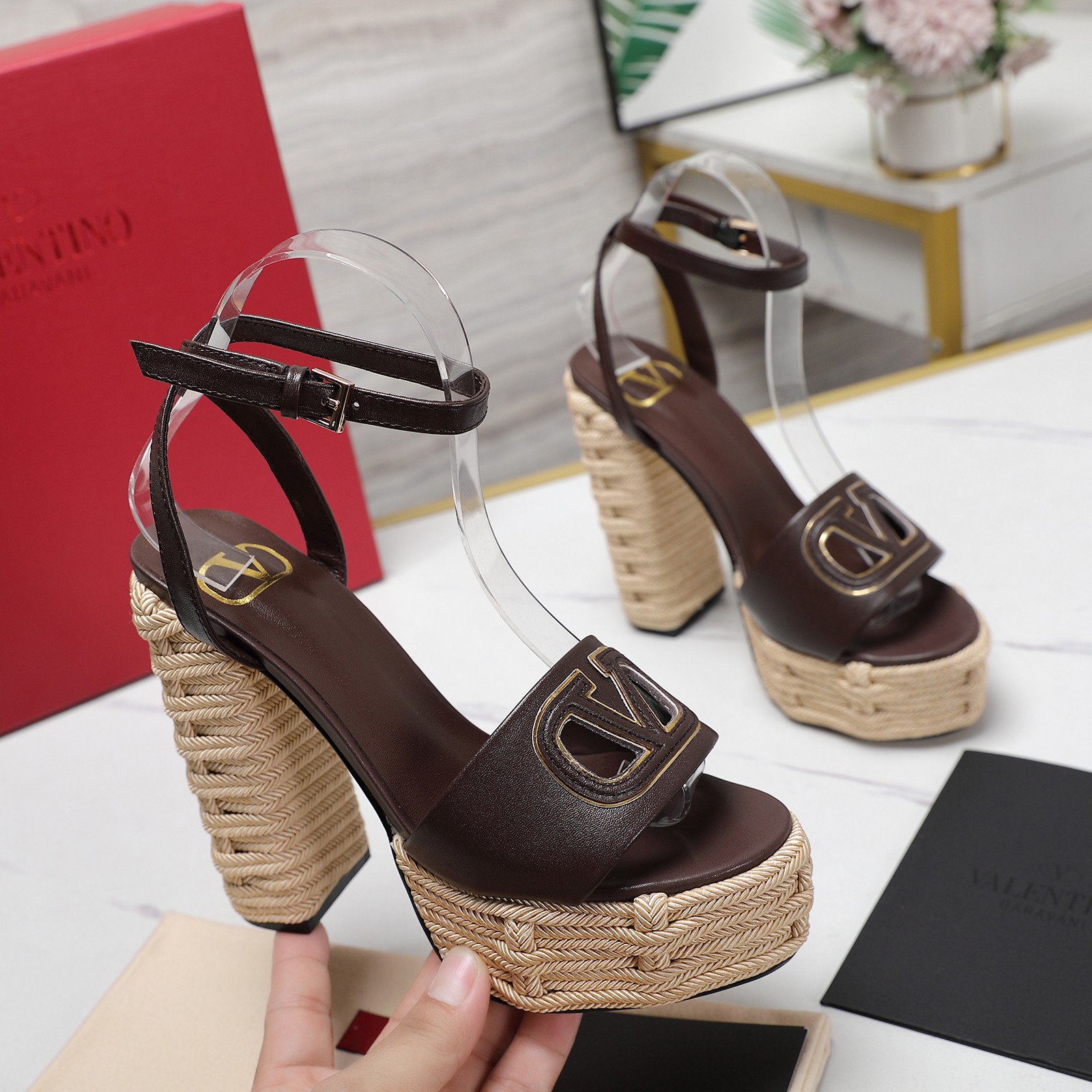 Valentino Platform Sandals,Woven Rope,Brown Leather,Women's High Heel Shoes 1 Valentino Platform Sandals,Woven Rope,Brown Leather,Women's High Heel Shoes
