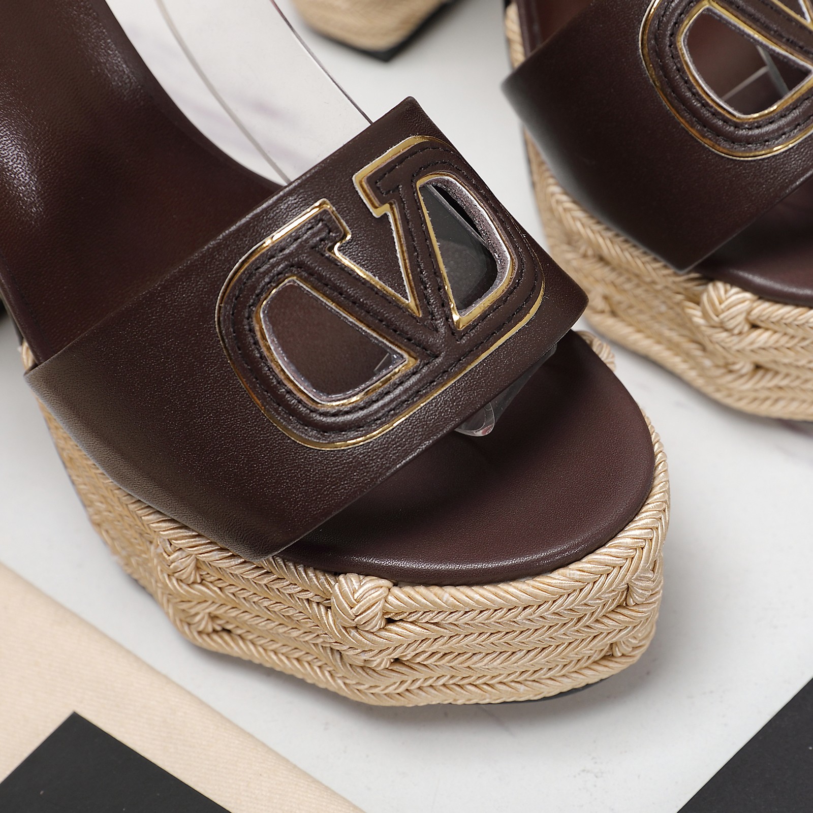 Valentino Platform Sandals,Woven Rope,Brown Leather,Women's High Heel Shoes 8 a1719668013382 1342