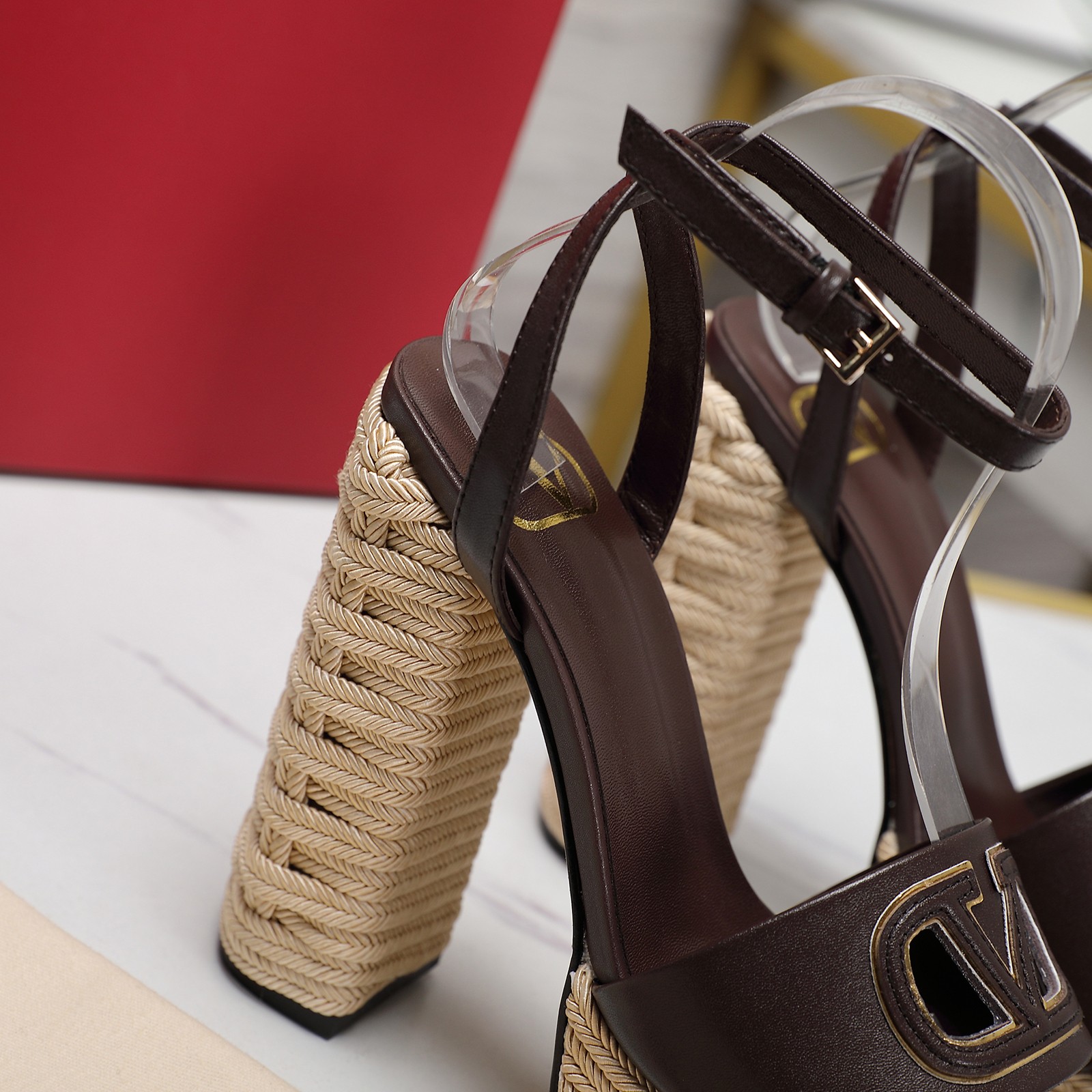 Valentino Platform Sandals,Woven Rope,Brown Leather,Women's High Heel Shoes 9 a1719668013952 4505