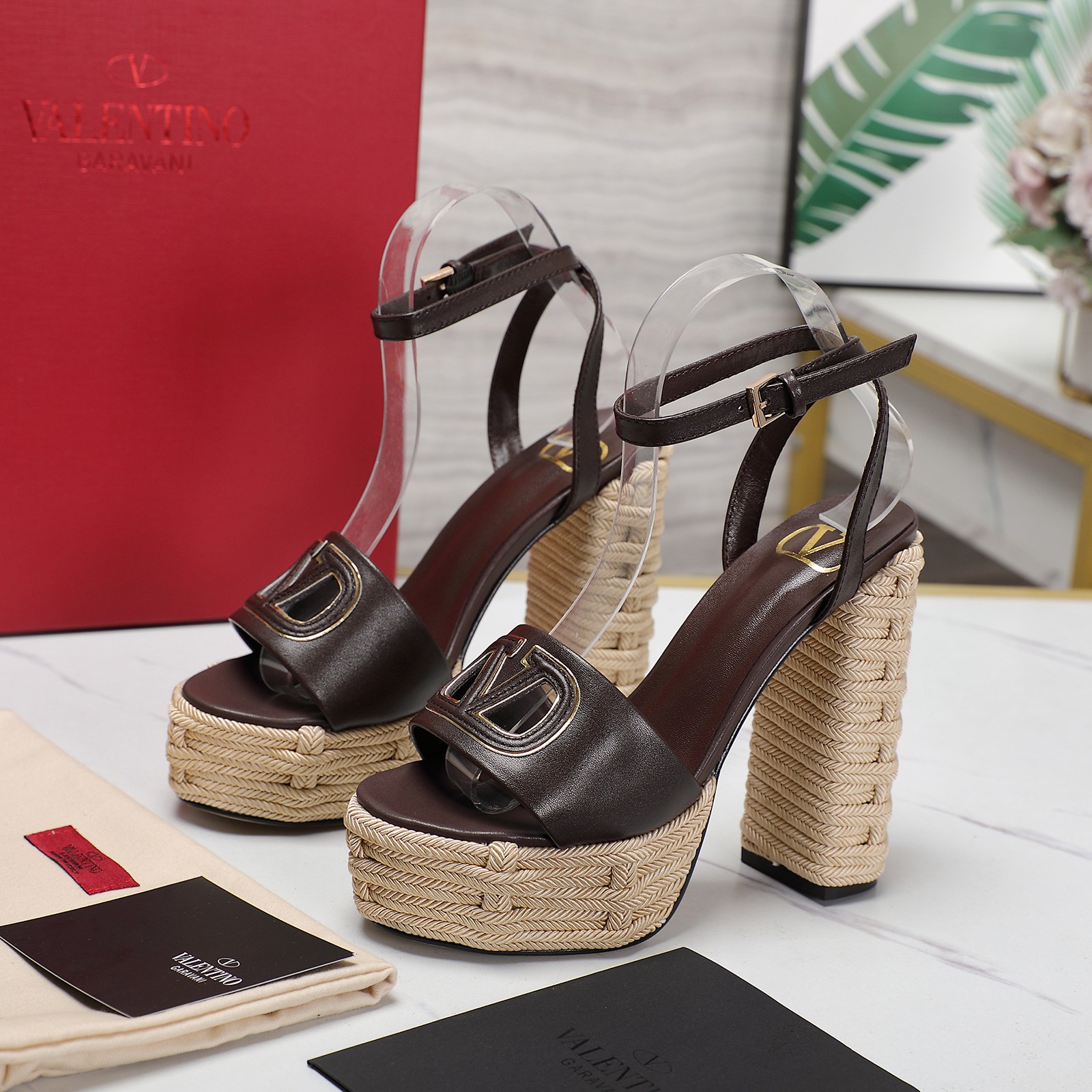 Valentino Platform Sandals,Woven Rope,Brown Leather,Women's High Heel Shoes 3 a1719668013967 1708
