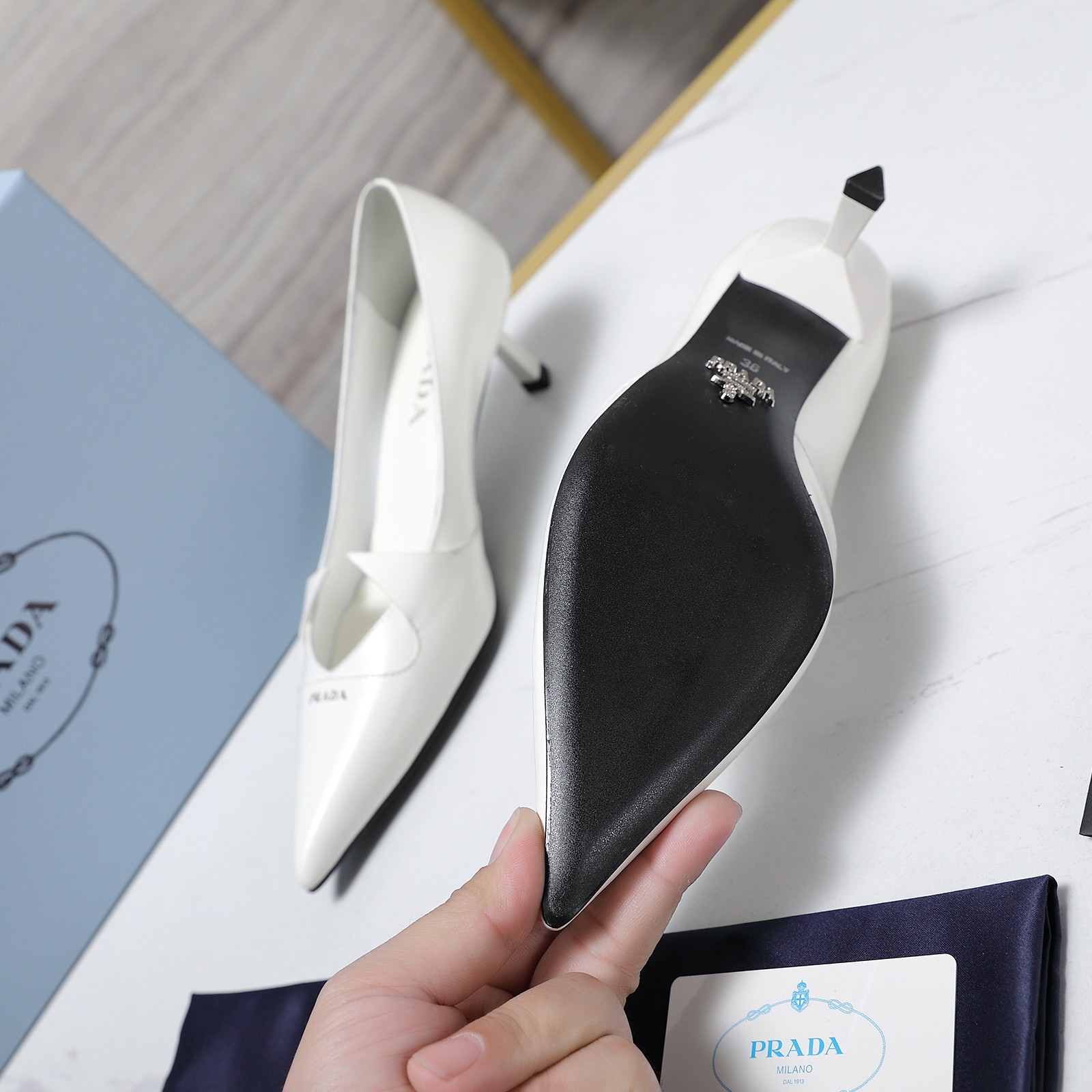 Prada Women's White Leather Pointed Toe Kitten Heel Pumps 7 a1740223523197 8530