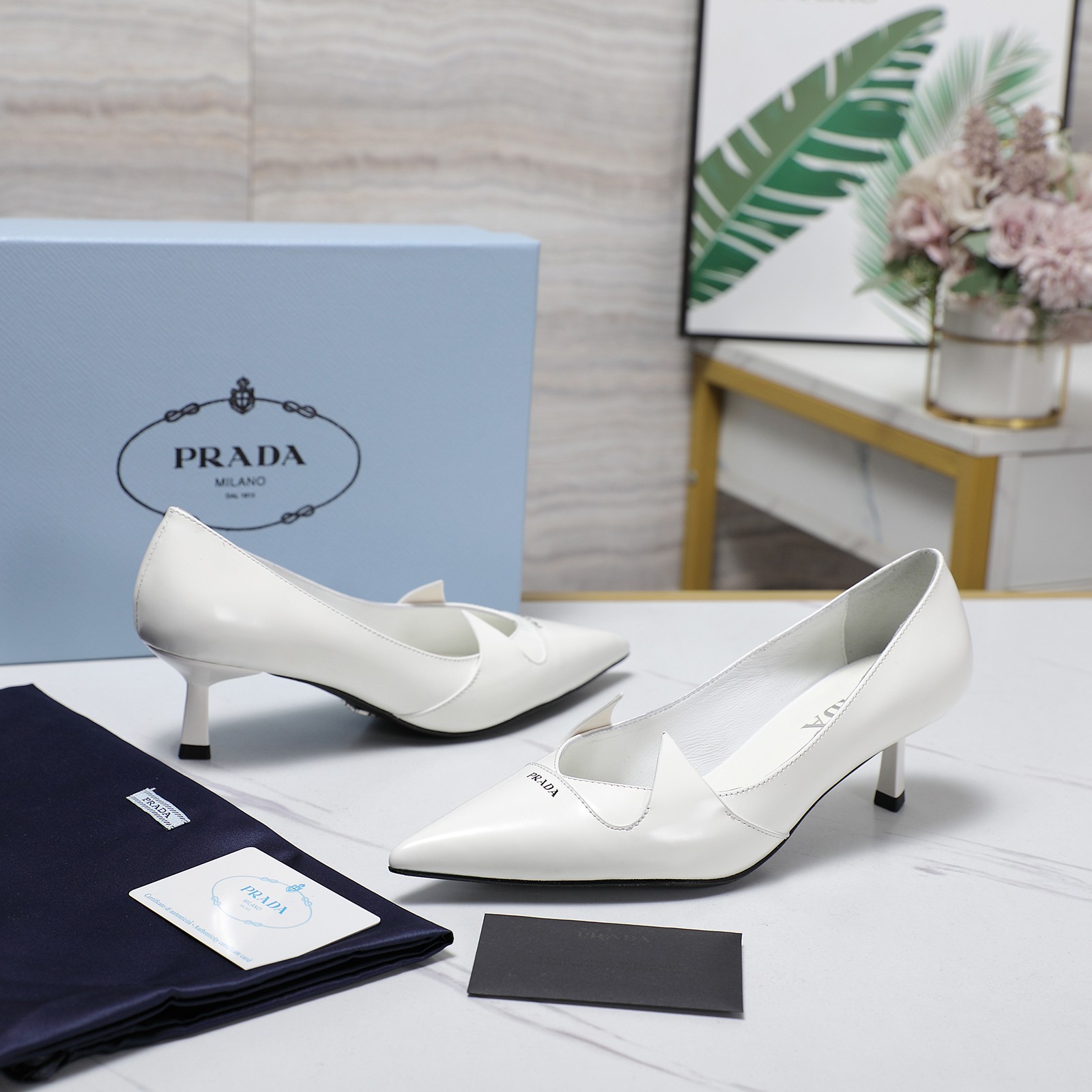 Prada Women's White Leather Pointed Toe Kitten Heel Pumps 8 a1740223525179 6267