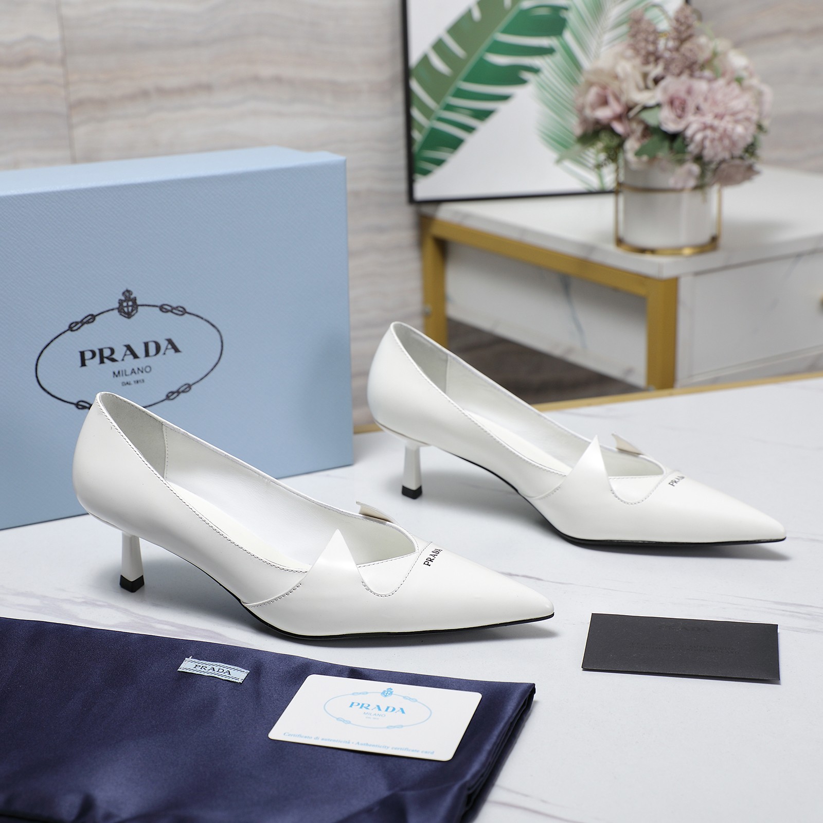 Prada Women's White Leather Pointed Toe Kitten Heel Pumps 5 a1740223525188 3347