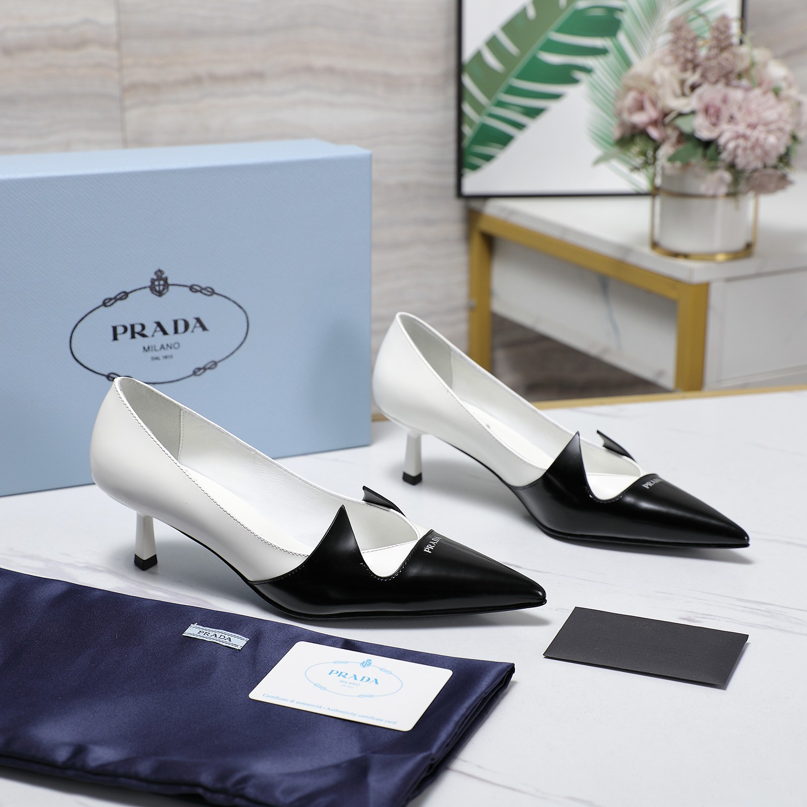 Prada Women's Two-Tone Leather Pointed Toe Kitten Heel Pumps 7 a1740223593476 5010
