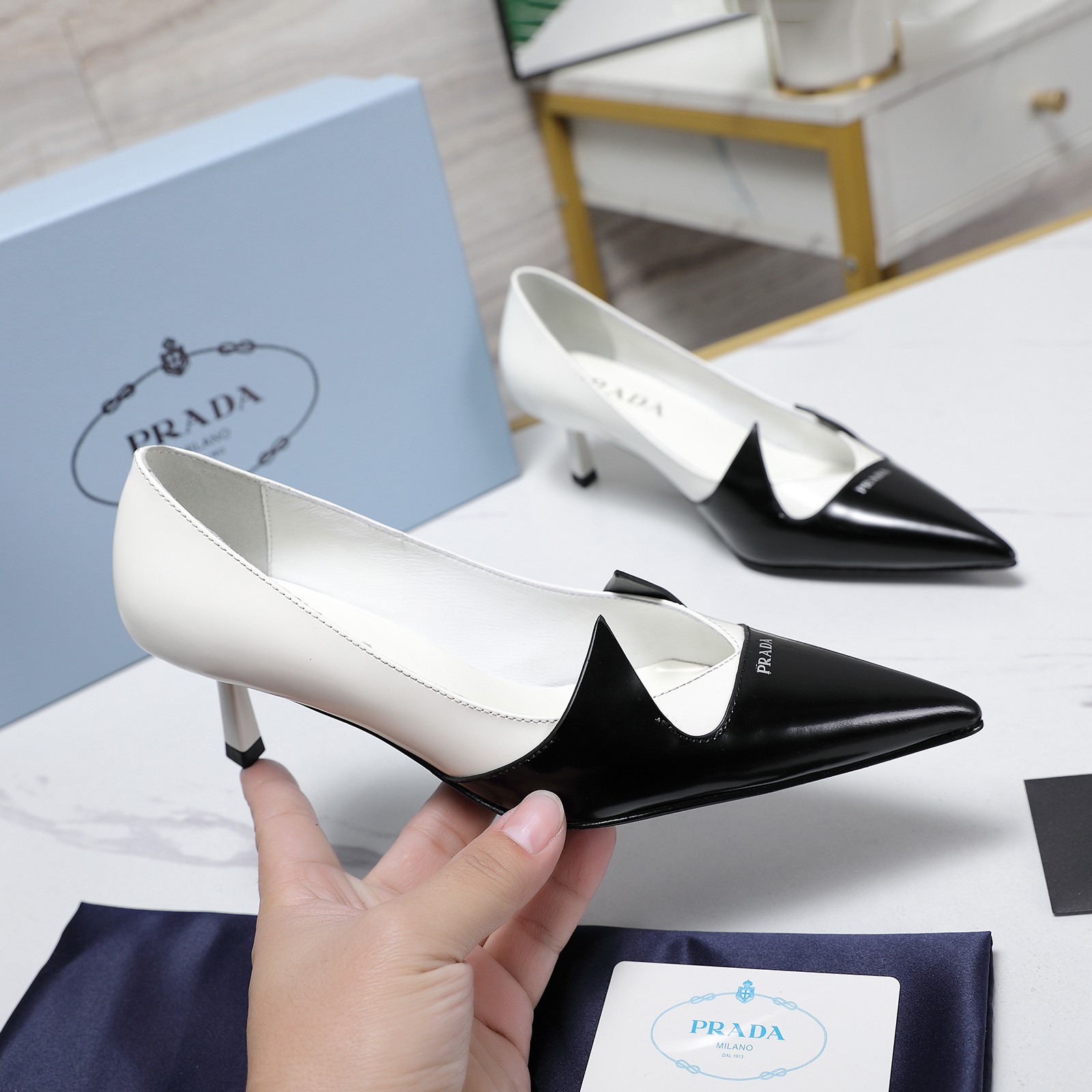 Prada Women's Two-Tone Leather Pointed Toe Kitten Heel Pumps 2 a1740223593477 0620