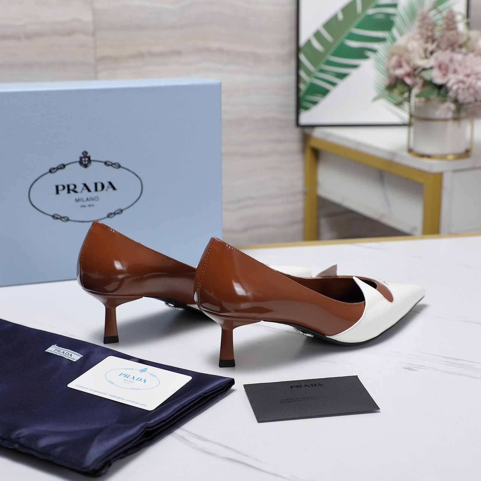 Prada Women's Two-Tone Leather Kitten Heel Pumps, Pointed-Toe Dress Shoes 3 a1740223695260 8110