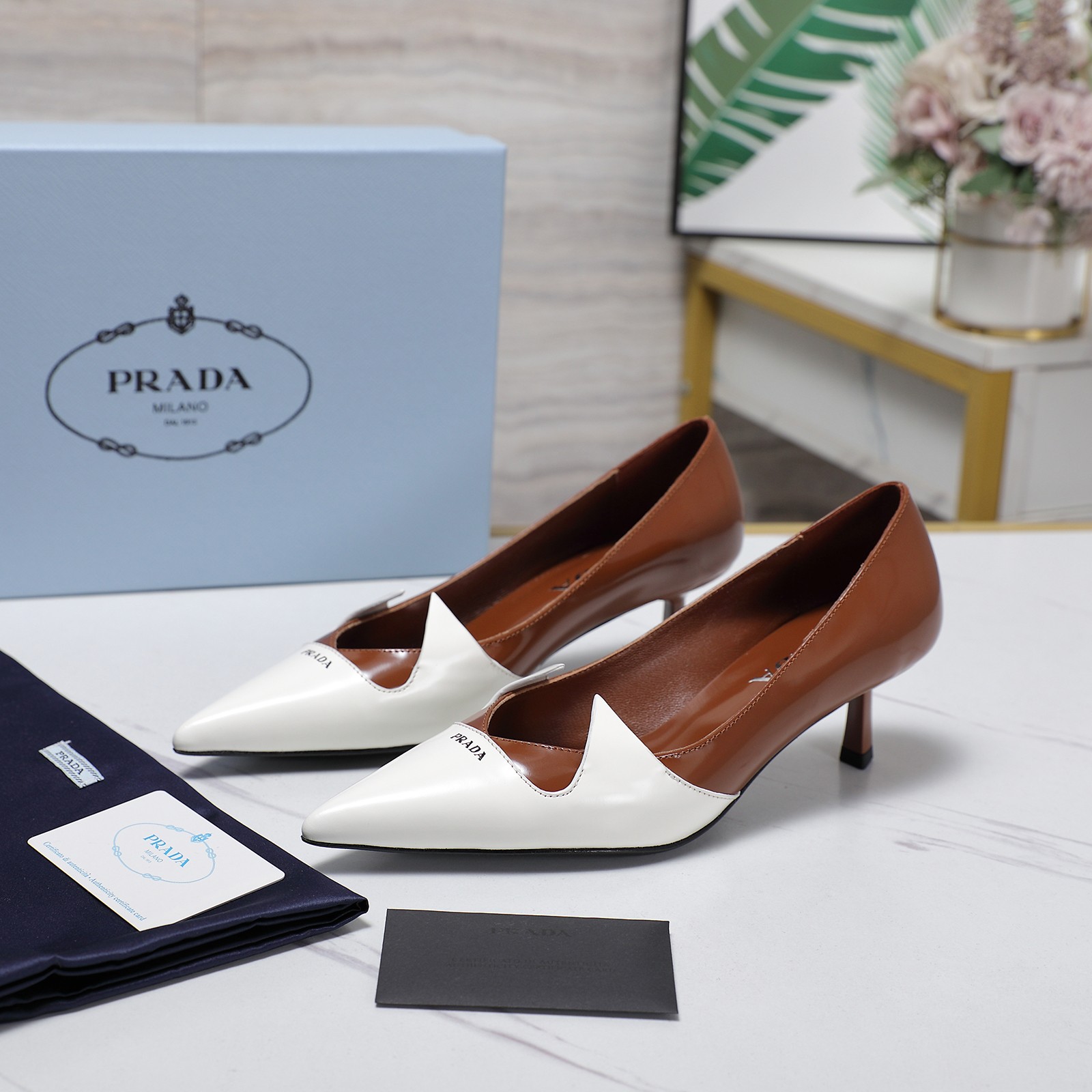 Prada Women's Two-Tone Leather Kitten Heel Pumps, Pointed-Toe Dress Shoes 2 a1740223695315 4406