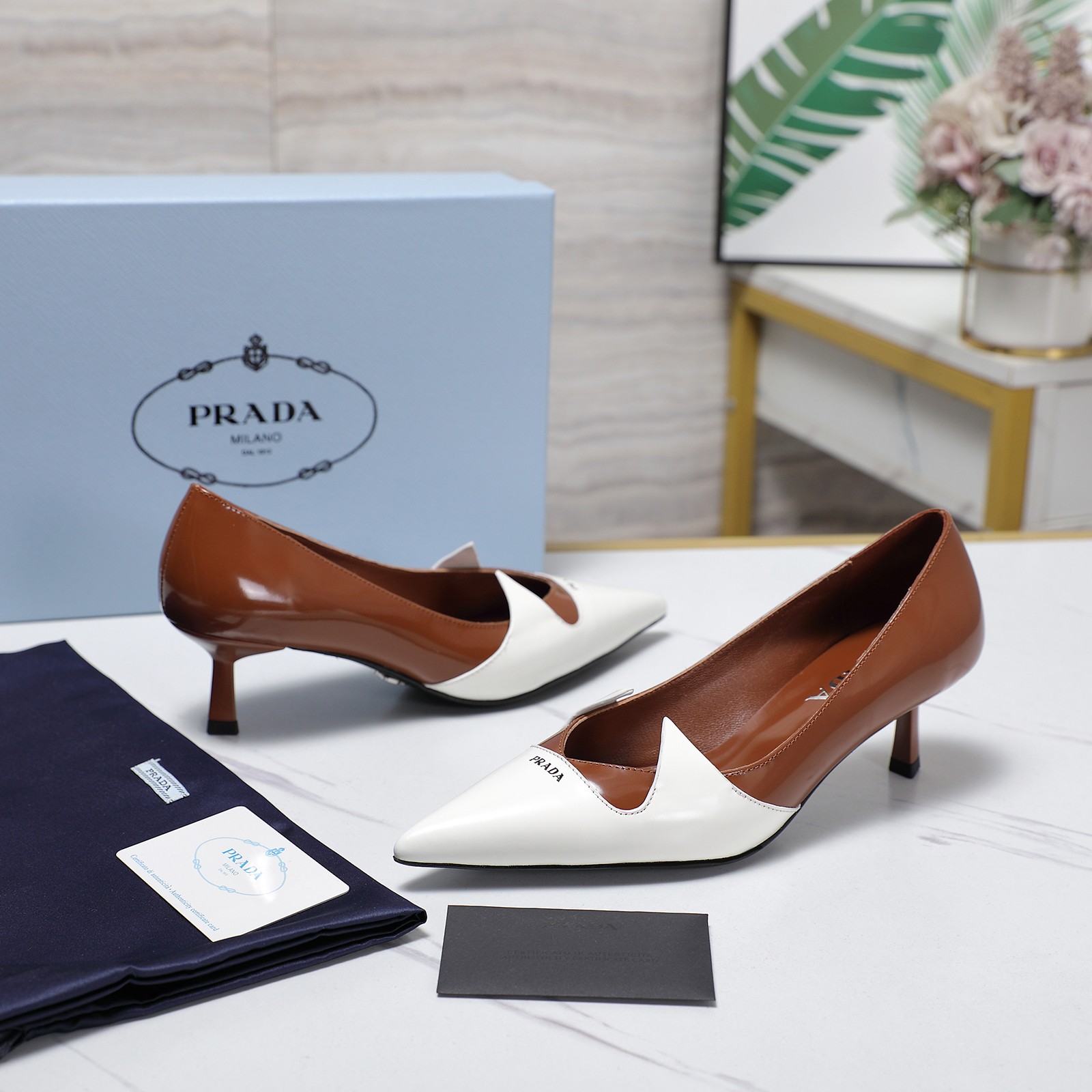 Prada Women's Two-Tone Leather Kitten Heel Pumps, Pointed-Toe Dress Shoes 4 a1740223695316 6610