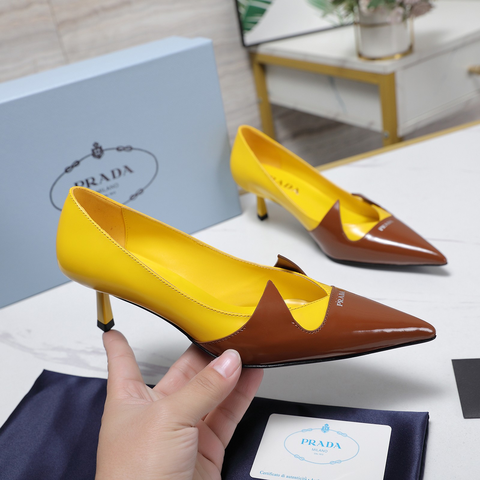 Prada Women's Pointed Toe Silk and Leather Kitten Heel Pumps