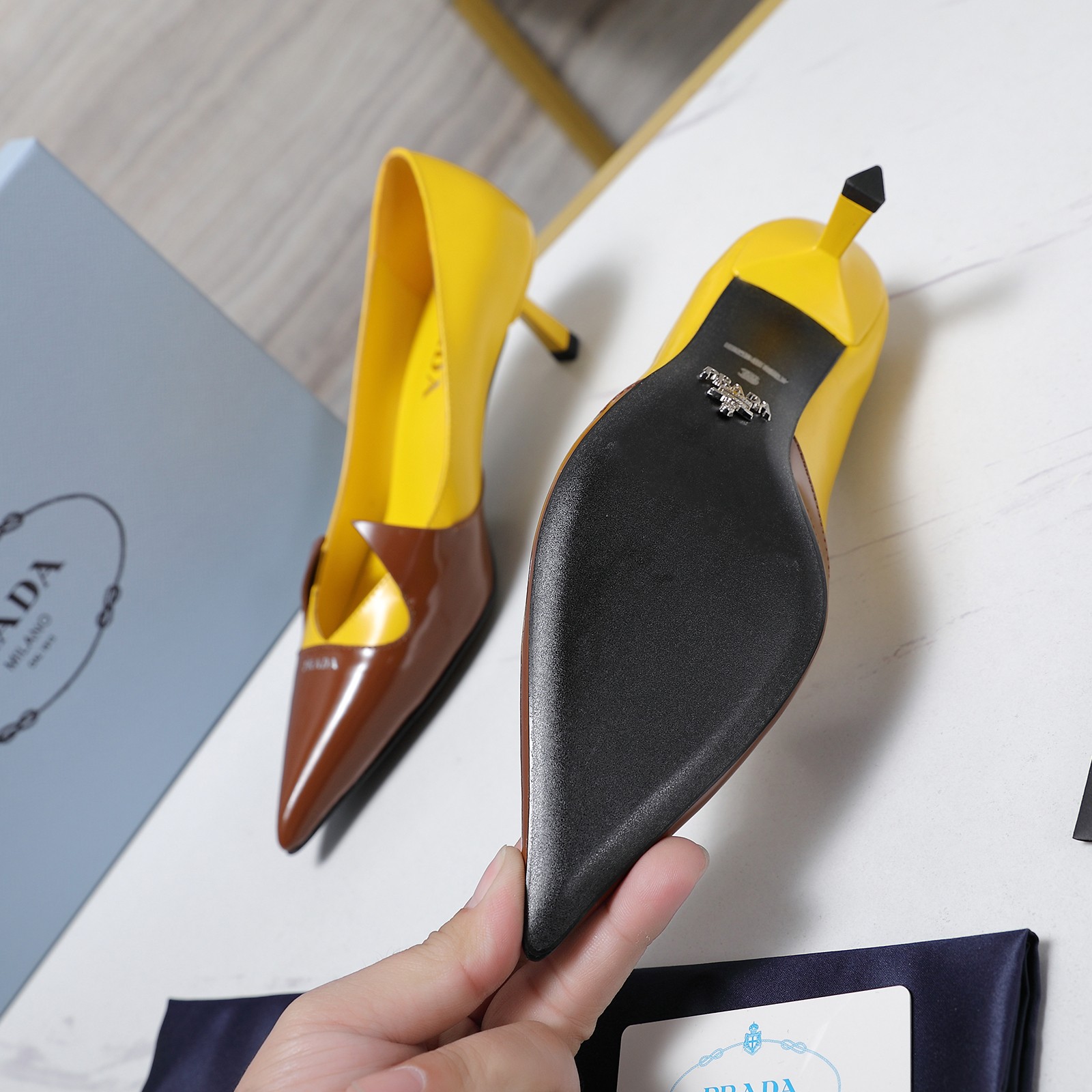 Prada Women's Pointed Toe Silk and Leather Kitten Heel Pumps 7 a1740223735700 1322