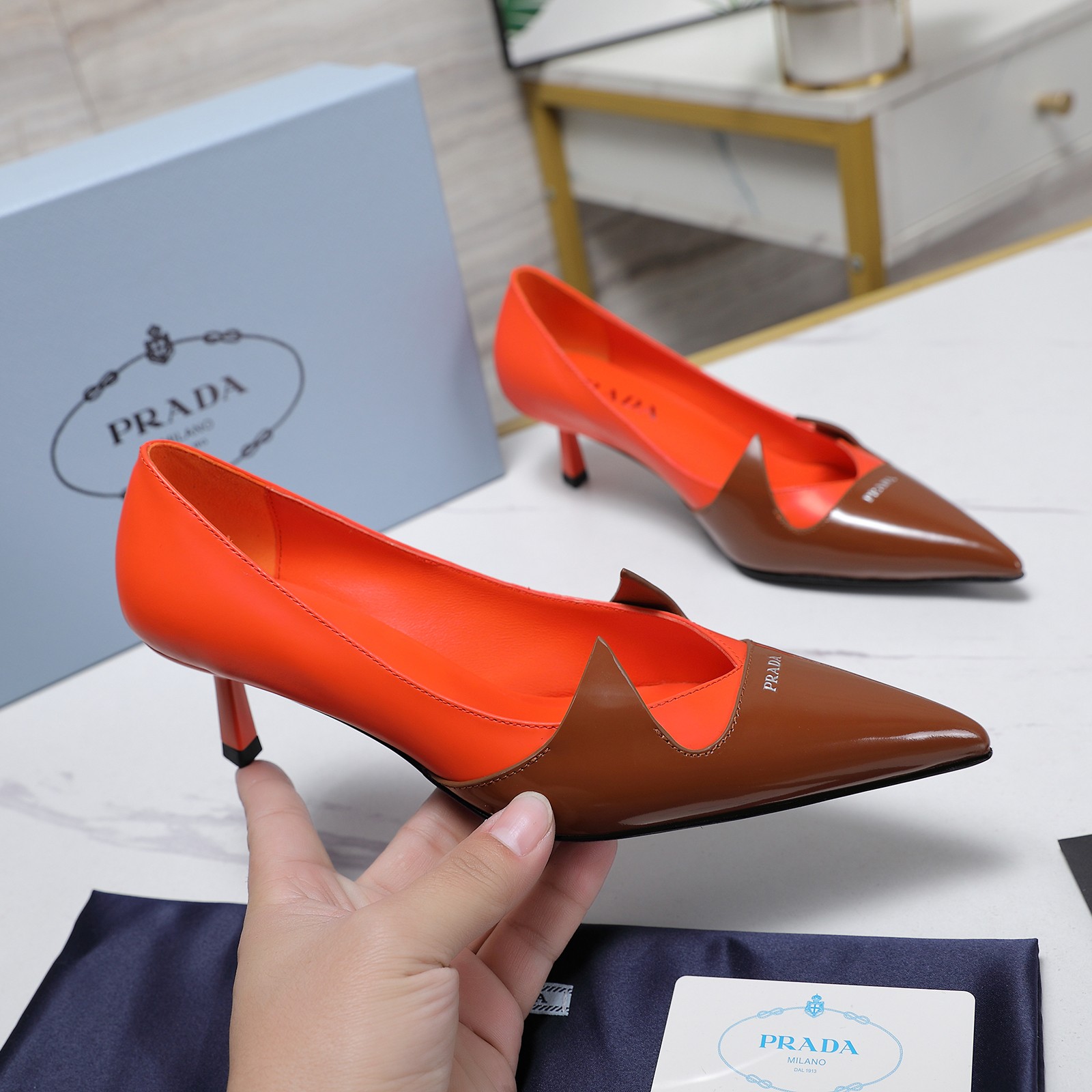 Prada Women's Two-Tone Leather Pointed-Toe Kitten Heel Shoes