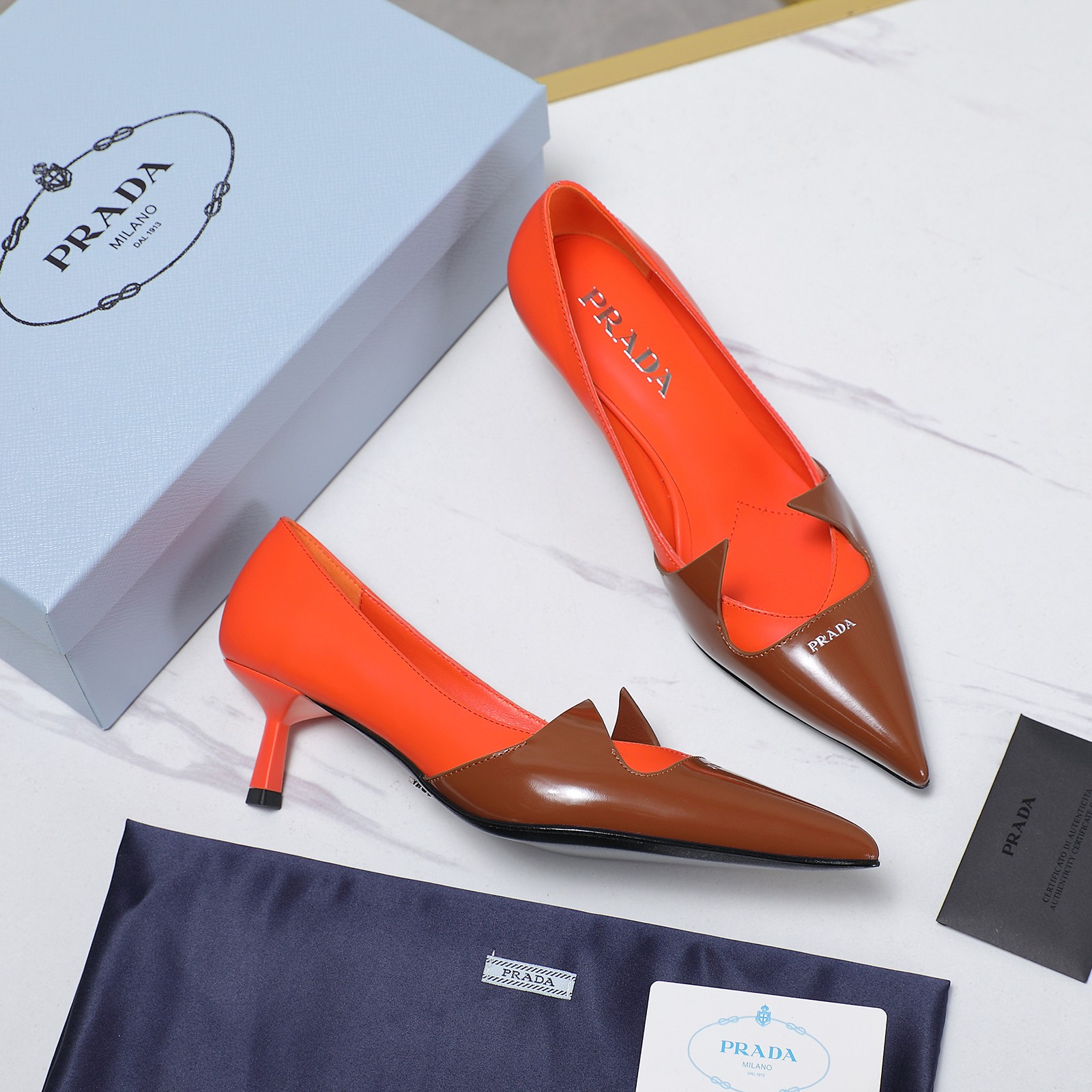 Prada Women's Two-Tone Leather Pointed-Toe Kitten Heel Shoes 4 a1740223807789 2362