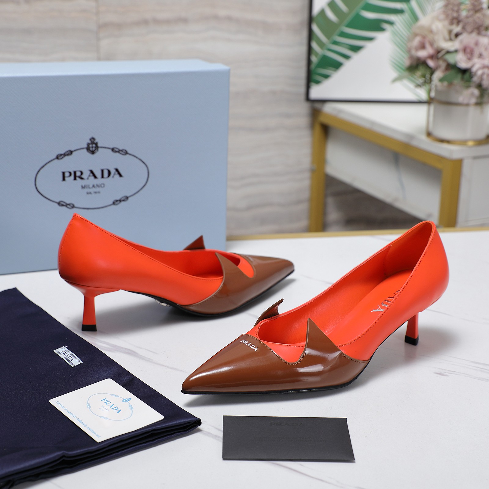 Prada Women's Two-Tone Leather Pointed-Toe Kitten Heel Shoes 7 a1740223807814 0076