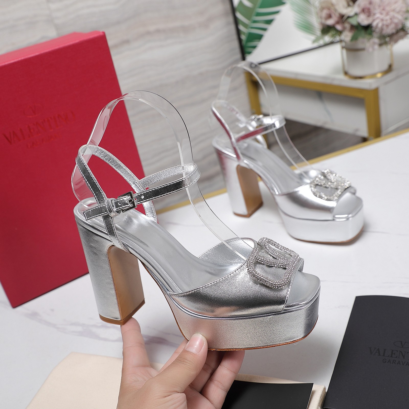 Valentino Metallic Platform Sandals with Crystal Embellished Logo 2025