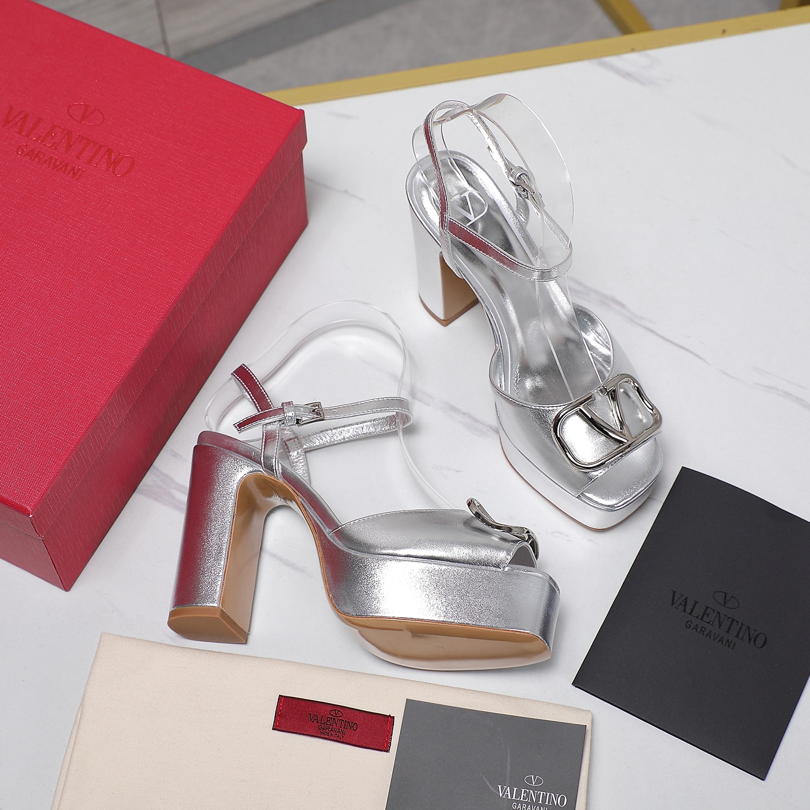 Valentino Women's Metallic Platform Sandals with Metal Logo, High Heel 6 a1741792723279 0125