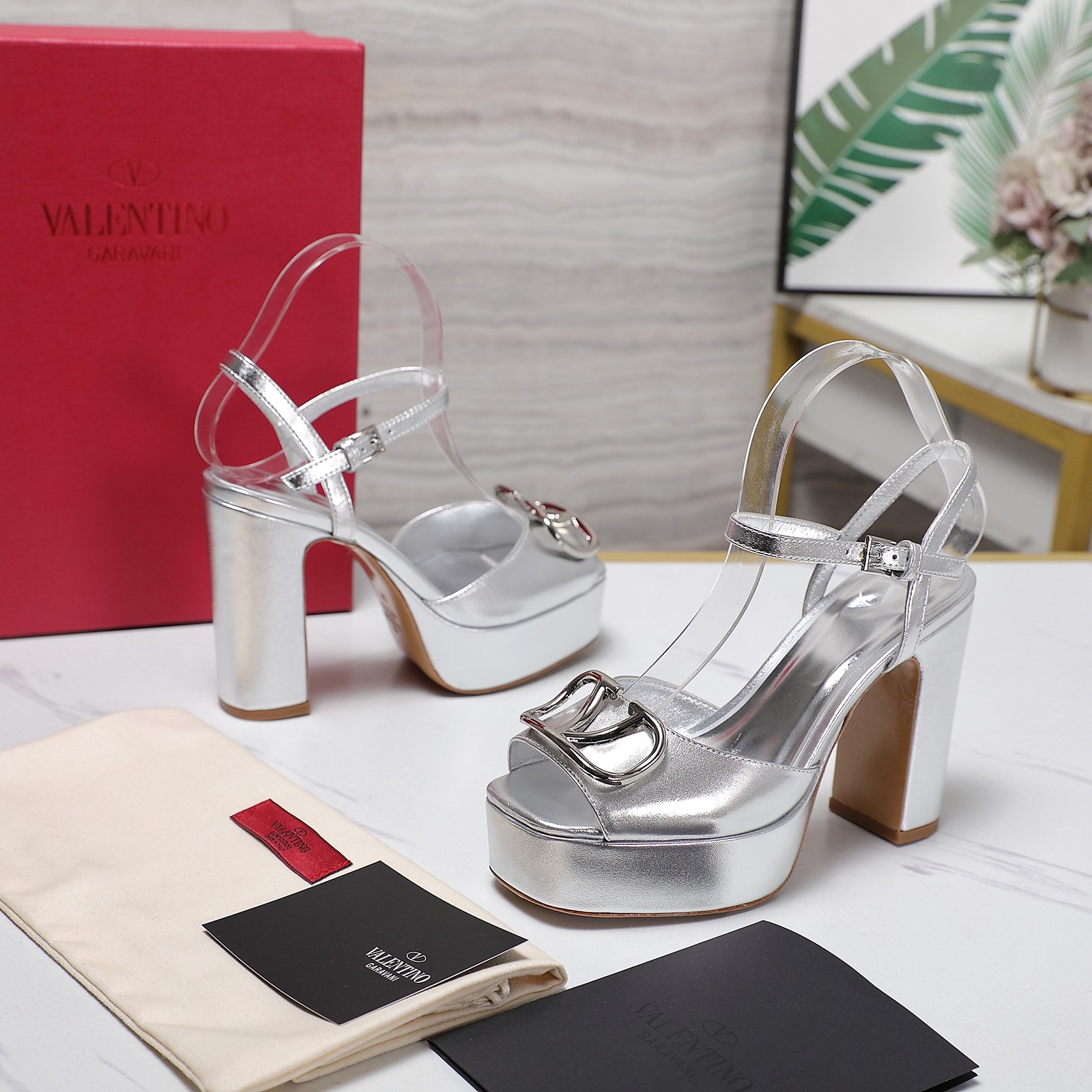 Valentino Women's Metallic Platform Sandals with Metal Logo, High Heel 4 a1741792723288 6641