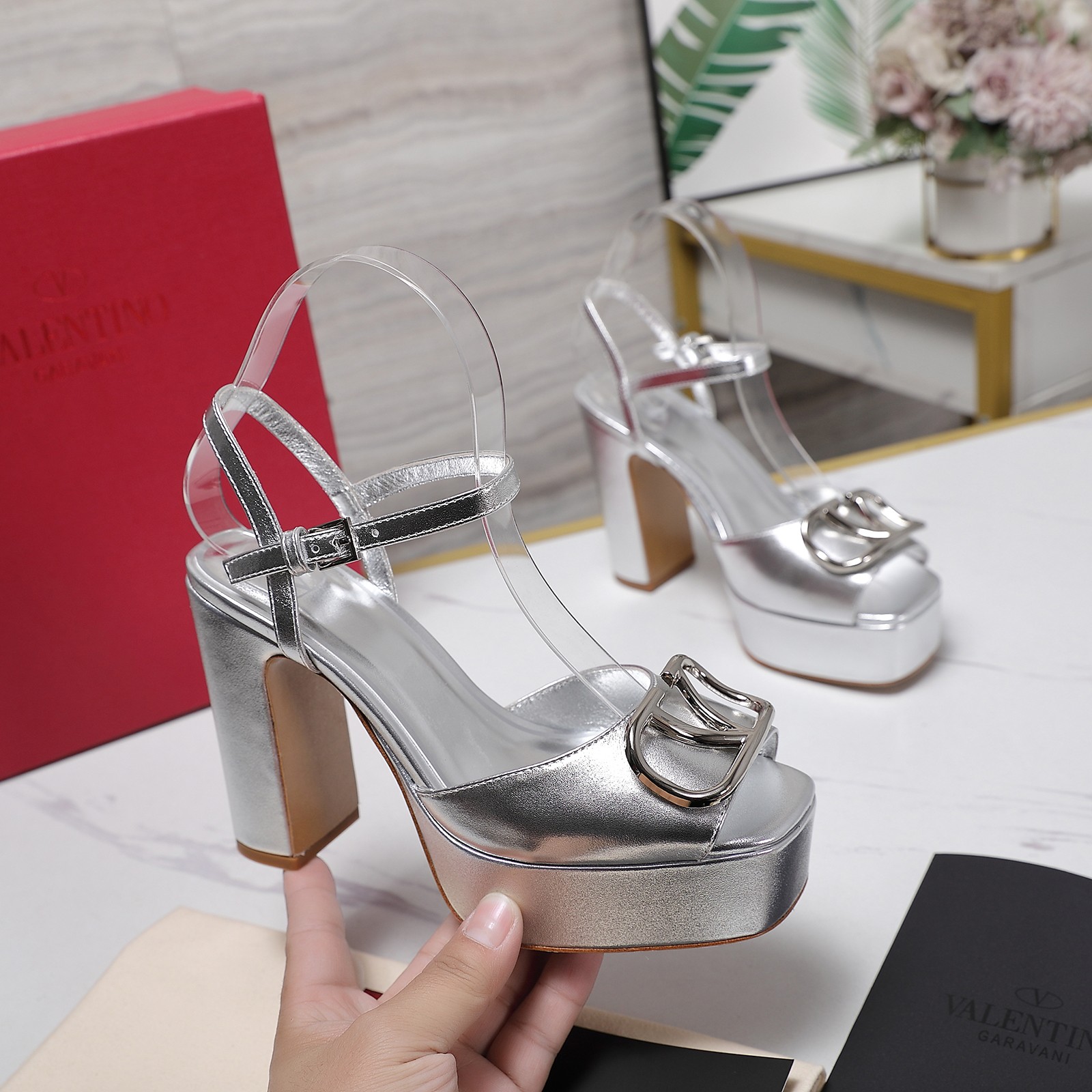 Valentino Women's Metallic Platform Sandals with Metal Logo, High Heel 2 a1741792725934 4733