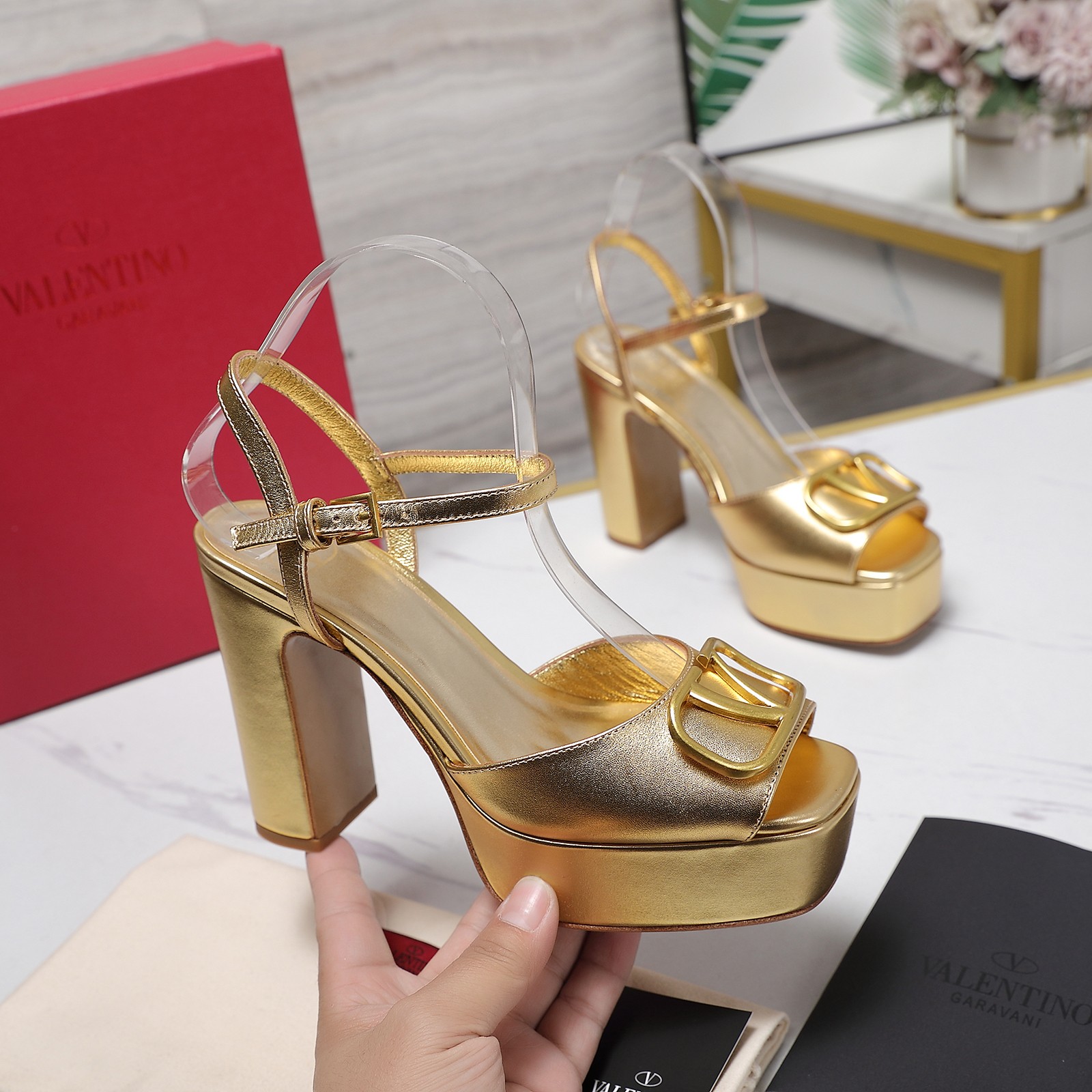 Valentino Metallic Platform Sandals with Block Heel and Logo - Gold