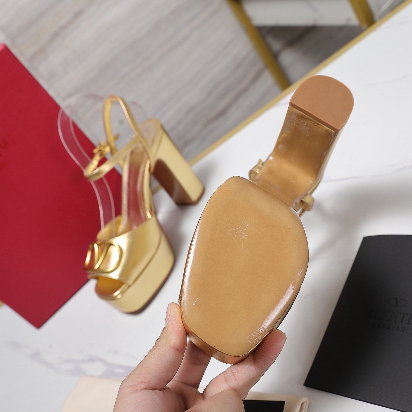 Valentino Metallic Platform Sandals with Block Heel and Logo - Gold 7 a1741792915254 7628