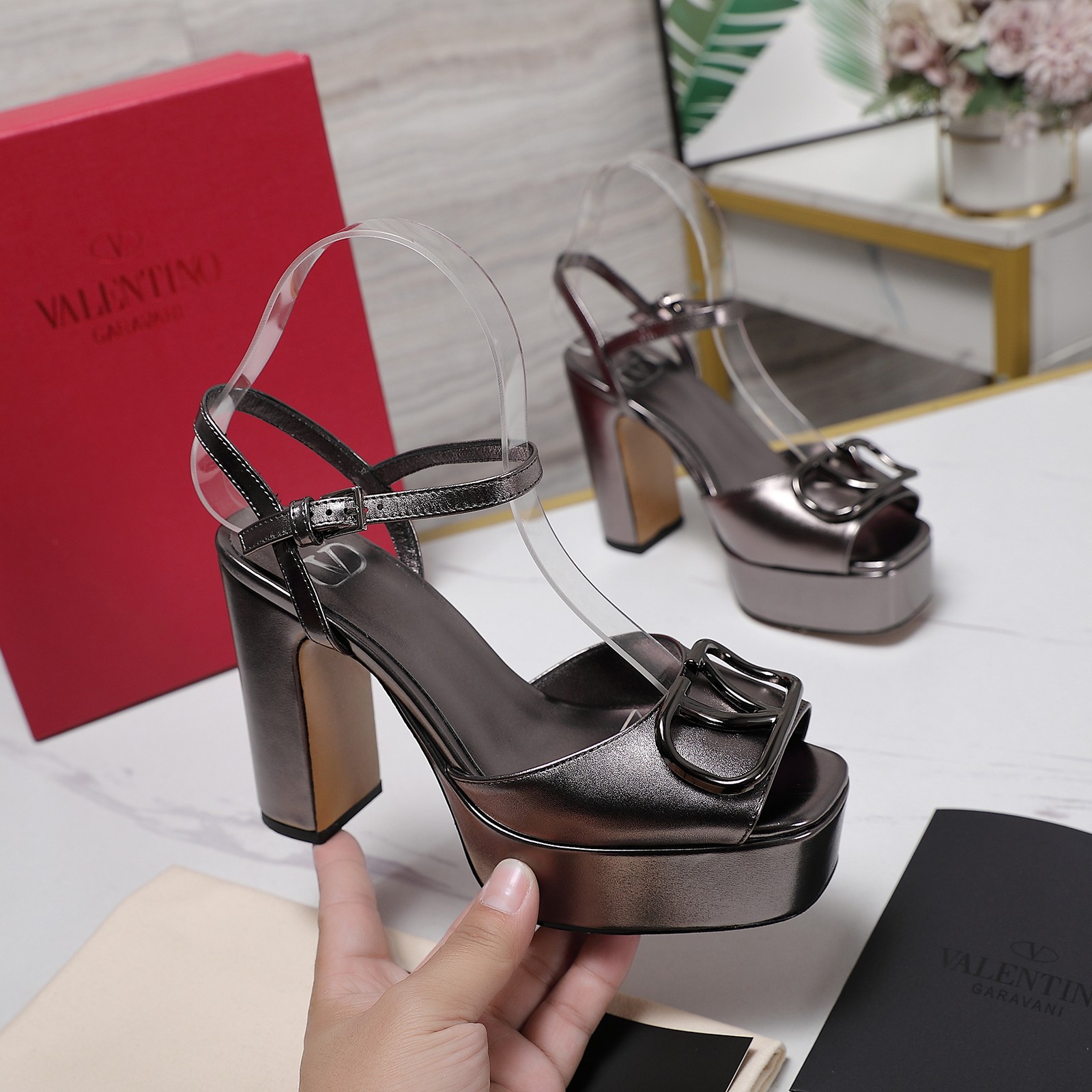 Valentino Platform High Heel Sandals with Metal Logo, Genuine Leather 2 a1741793083516 3212