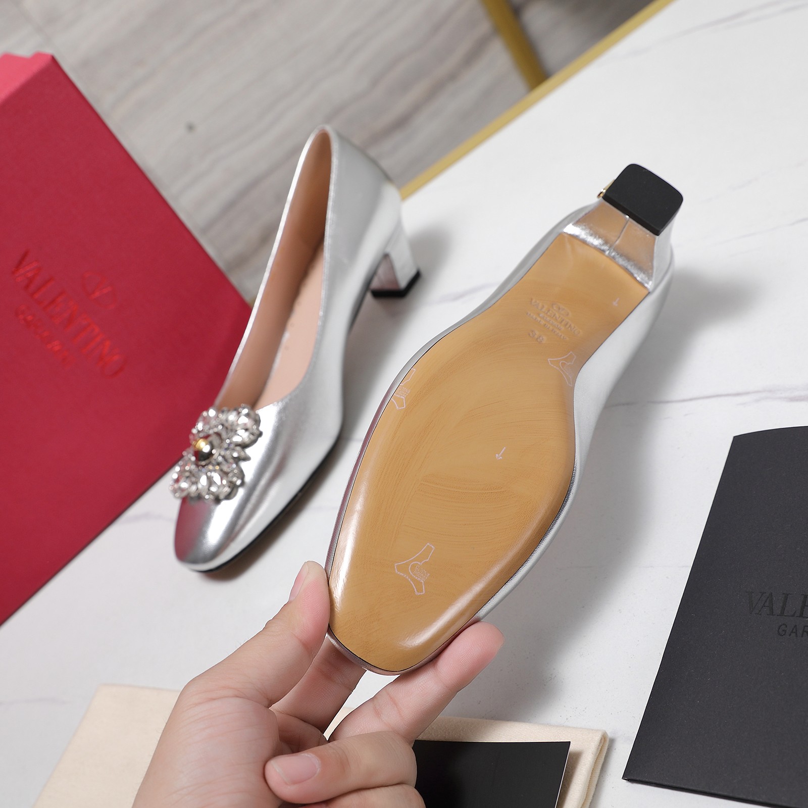 Valentino Women's Metallic Leather Block Heel Pumps with Crystal Buckle 6 a1741957991513 4863