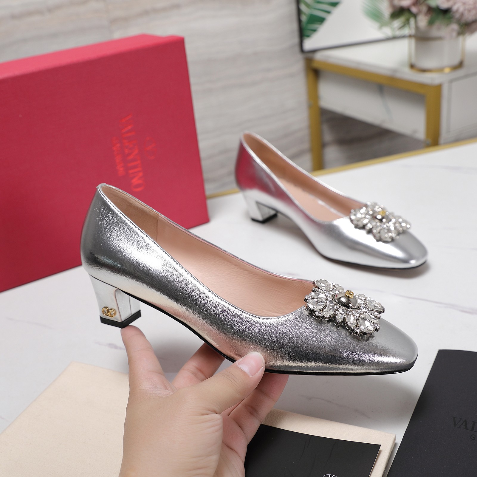 Valentino Women's Metallic Leather Block Heel Pumps with Crystal Buckle 2 a1741957991712 1405
