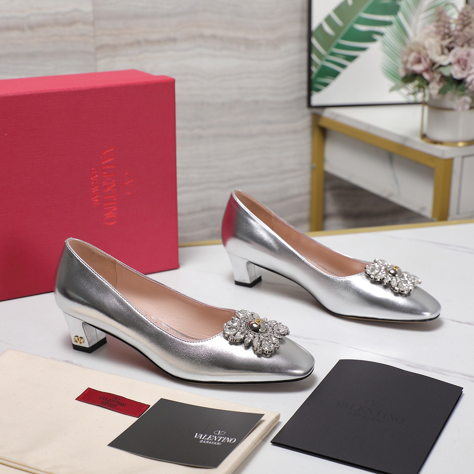 Valentino Women's Metallic Leather Block Heel Pumps with Crystal Buckle 7 a1741957992805 1457