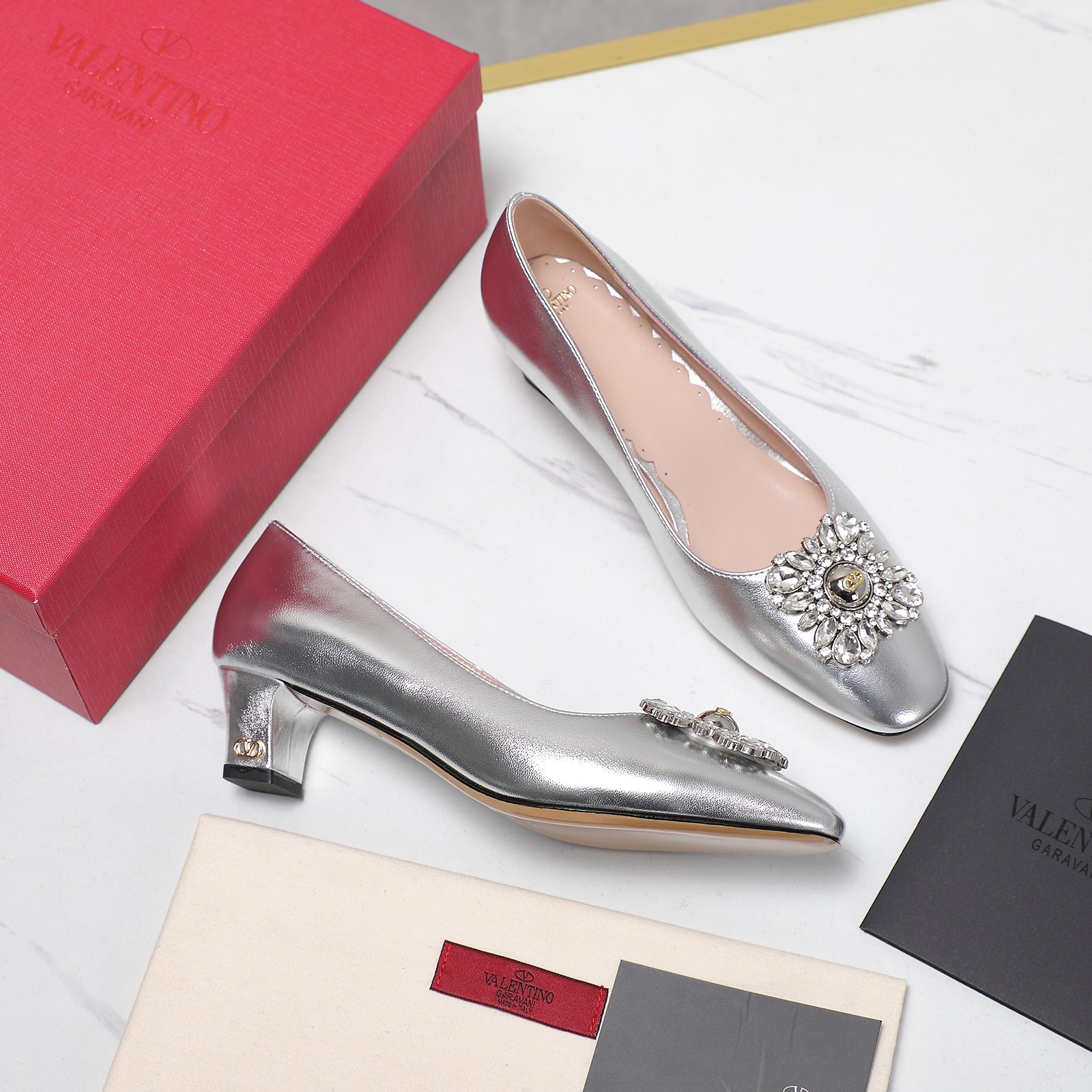 Valentino Women's Metallic Leather Block Heel Pumps with Crystal Buckle 8 a1741958023532 8081