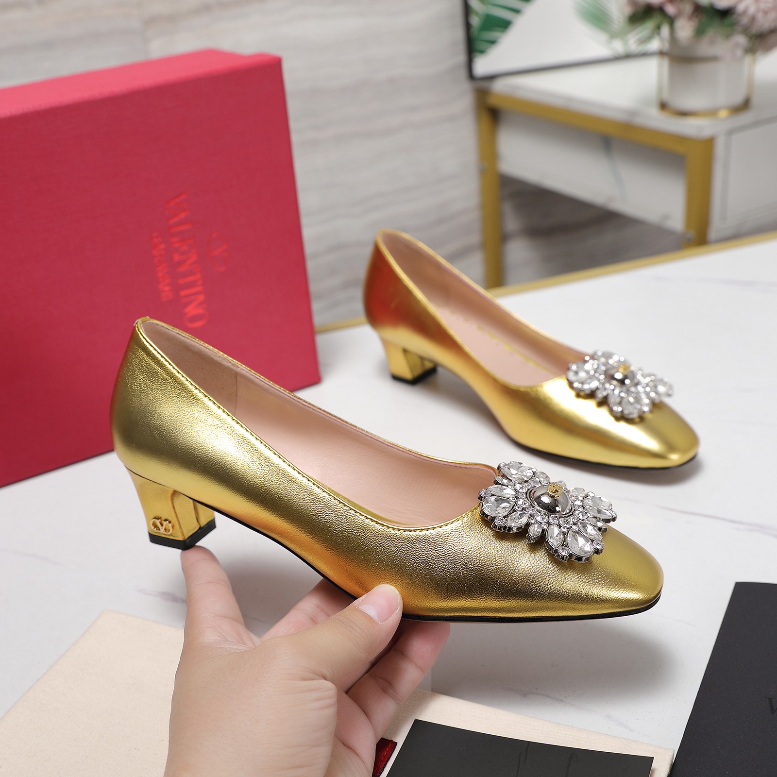 Valentino Women's Gold Mid-Heel Pumps with Crystal Embellishments