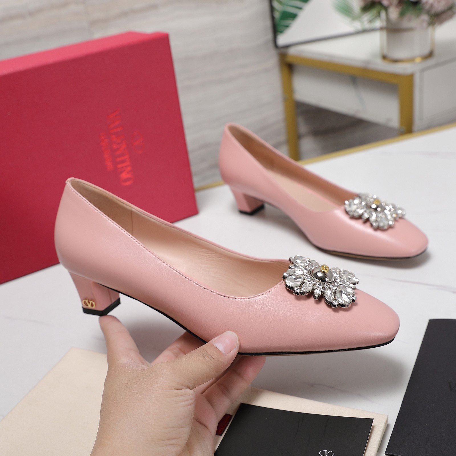 Valentino Women's Mid-Heel Pumps with Rhinestone Buckle - Retro Elegance