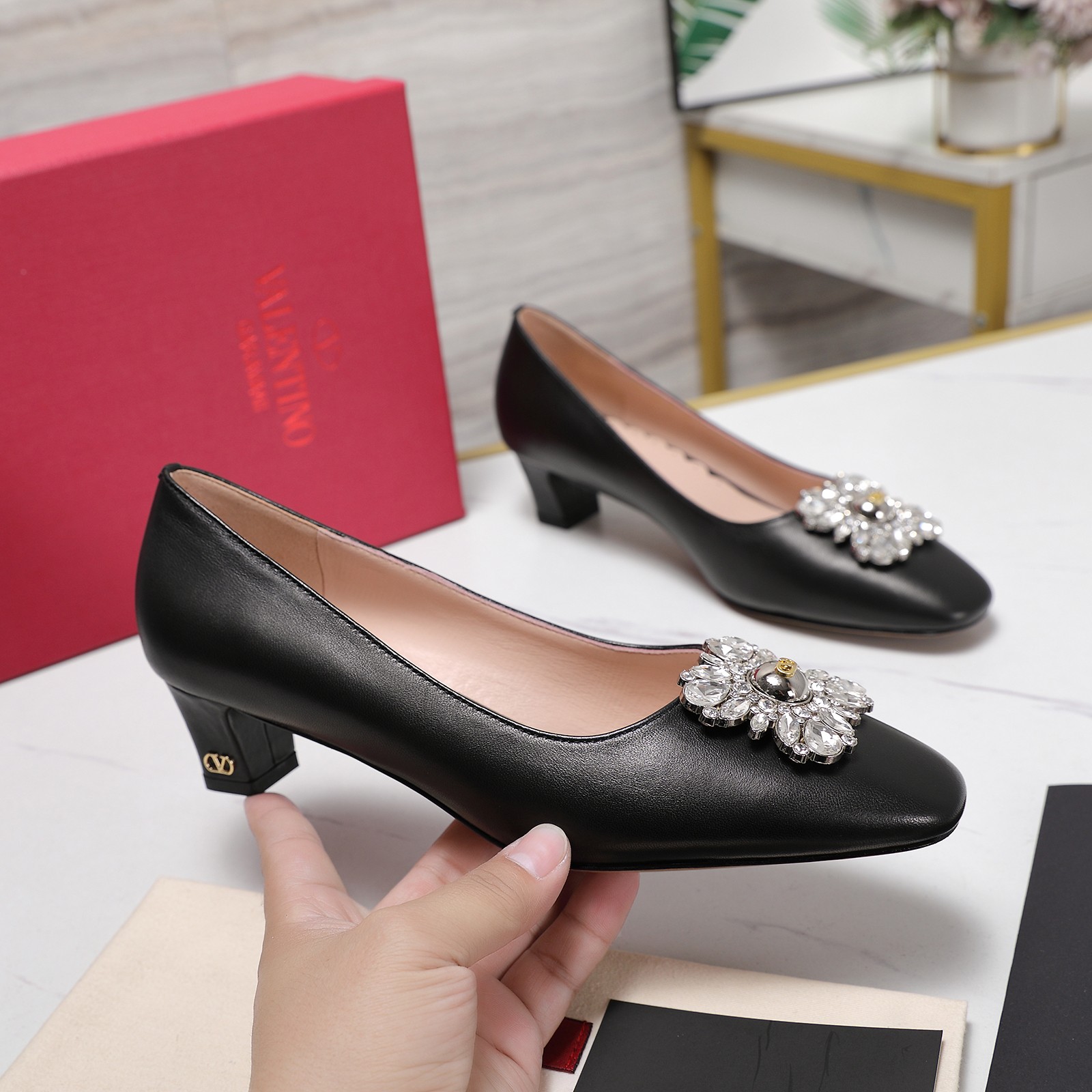 Valentino Women's Black Leather Mid-Heel Pumps with Rhinestone Embellishments