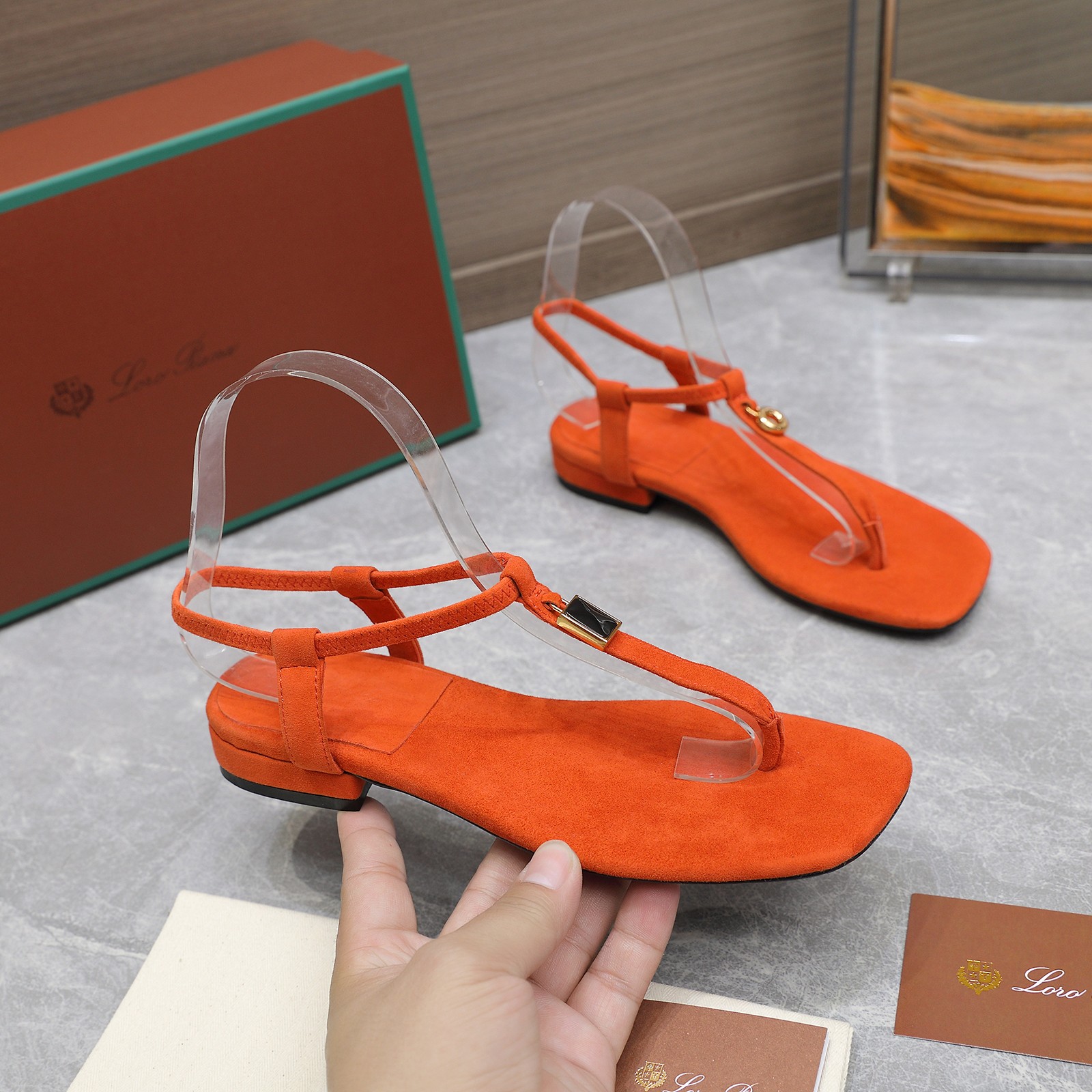 Loro Piana Mindil T-Strap Thong Sandals in Orange Suede Leather