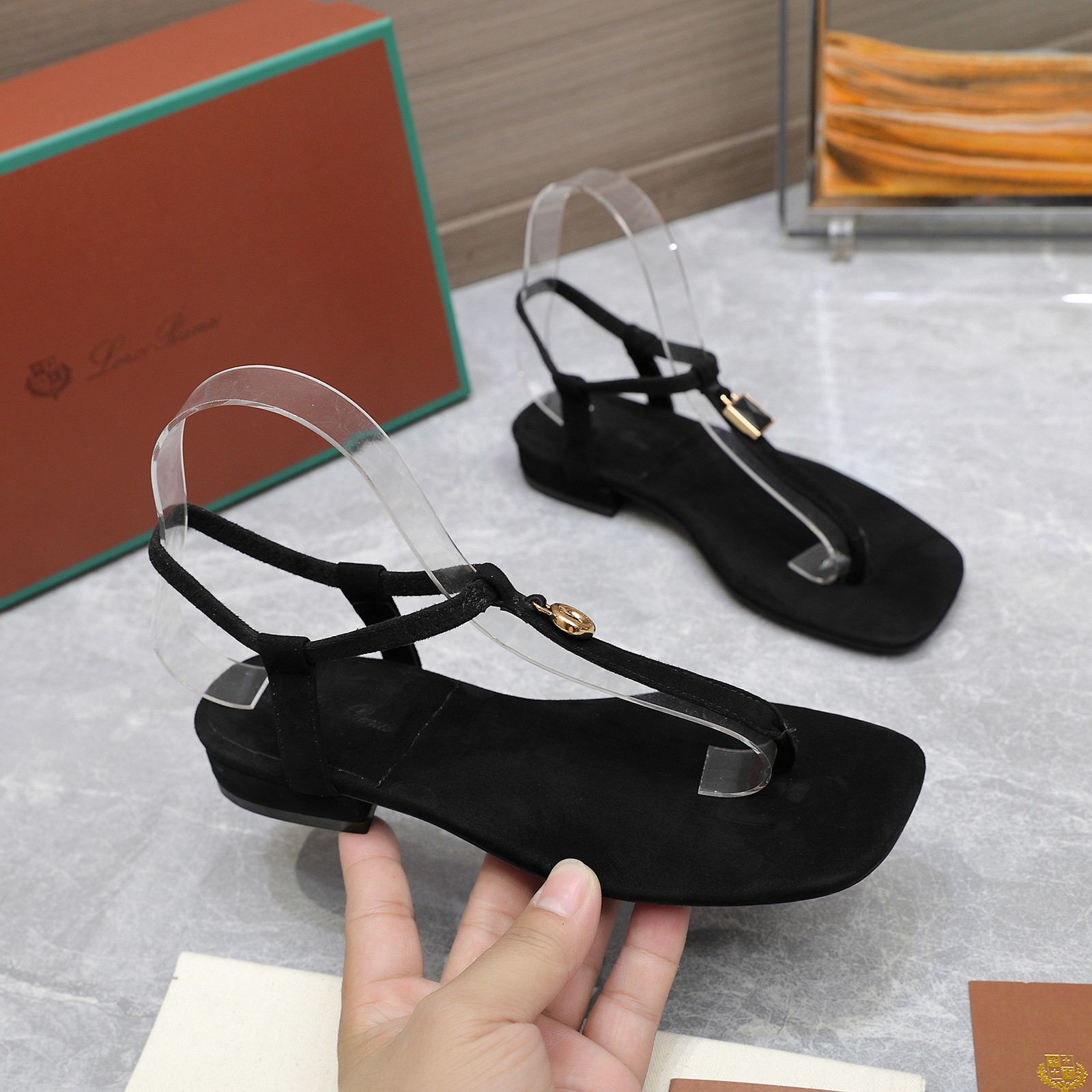 Loro Piana Mindil Black Leather T-Strap Sandals with Charm, Elegant Summer Style