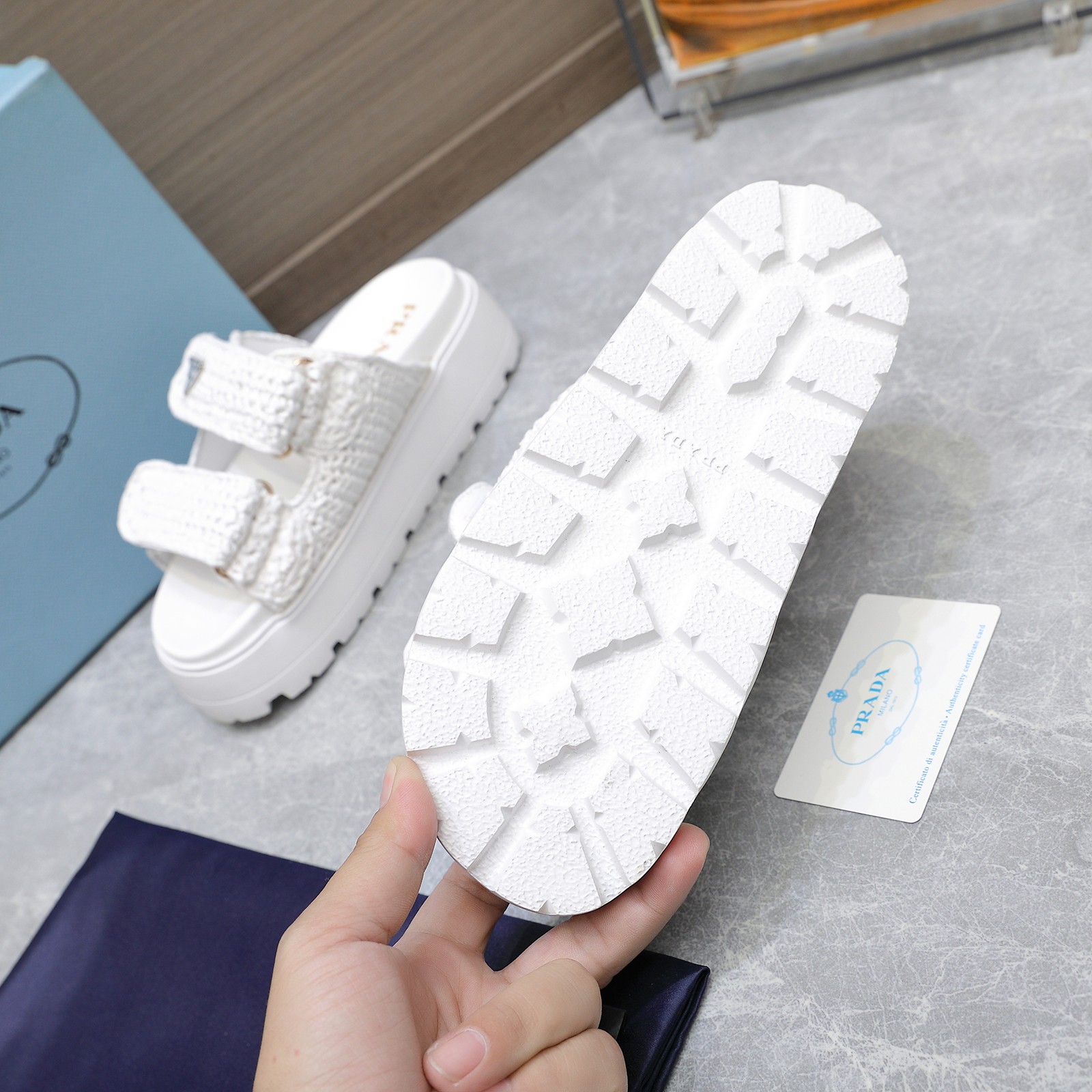 Prada Women's Woven Raffia Platform Sandals Slides White 6 a1742316390585 5024