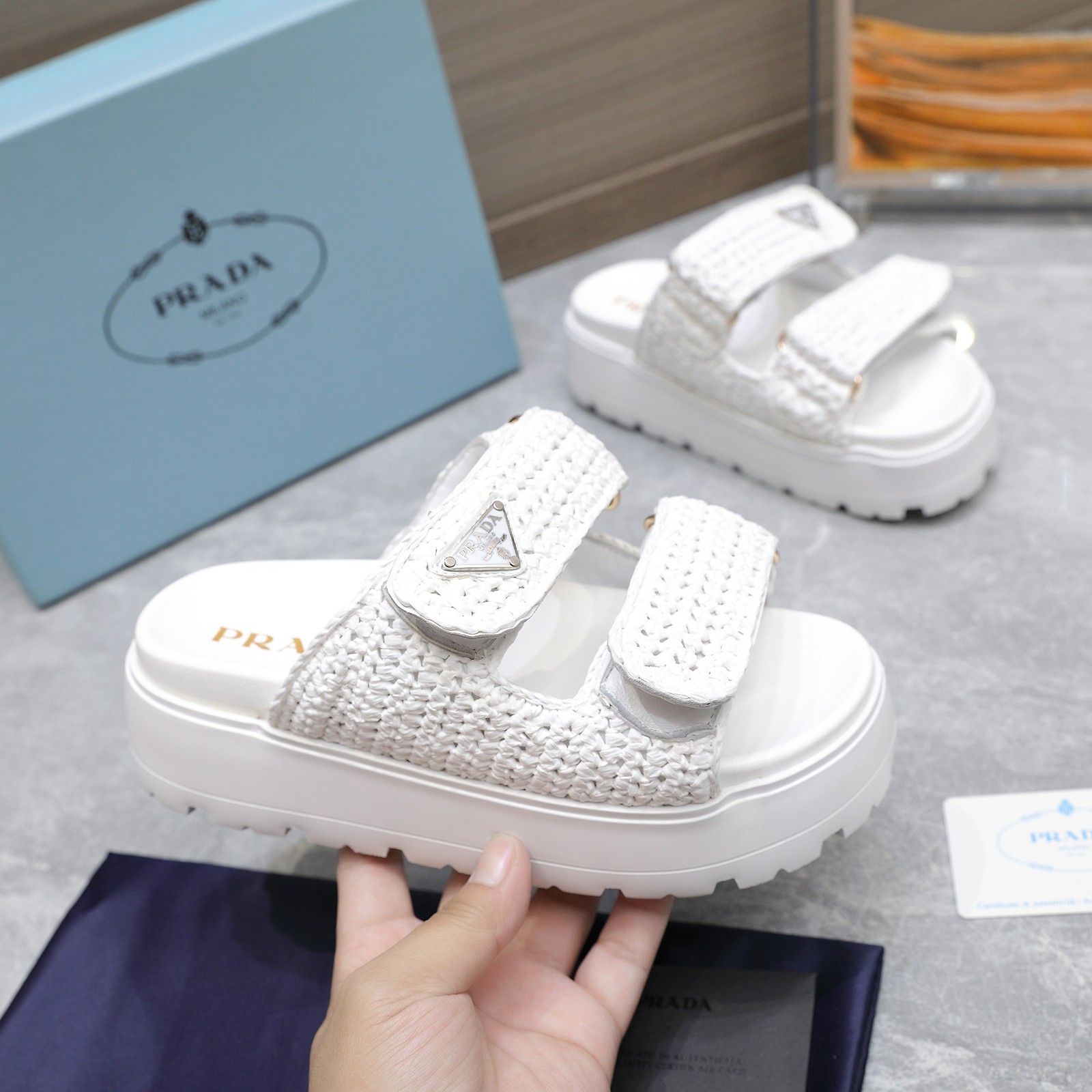 Prada Women's Woven Raffia Platform Sandals Slides White 2 a1742316392147 4246