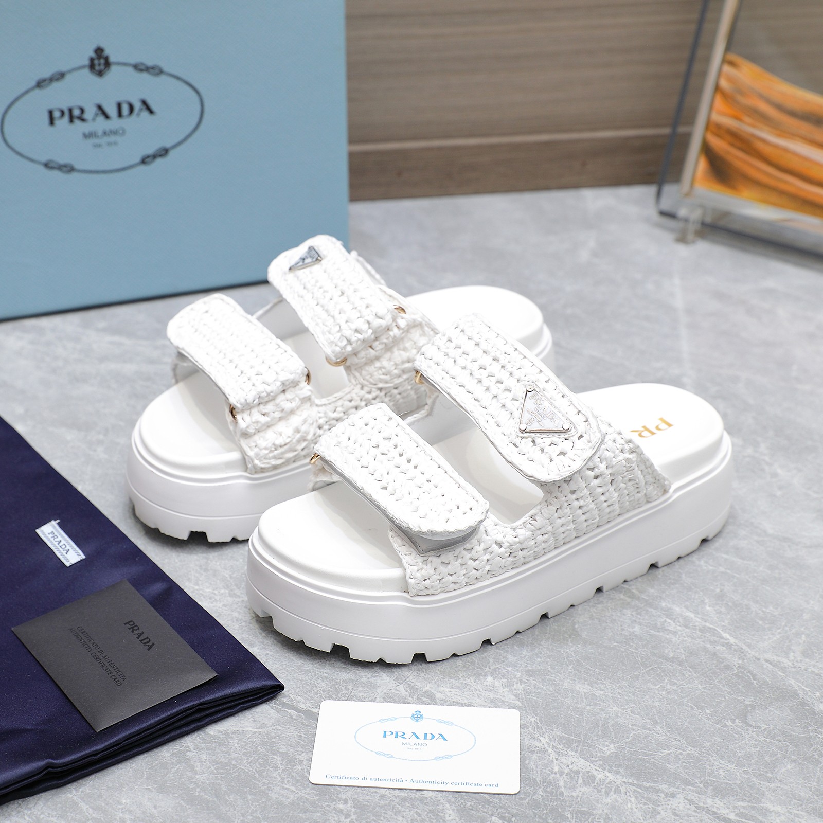 Prada Women's Woven Raffia Platform Sandals Slides White 3 a1742316392156 5107