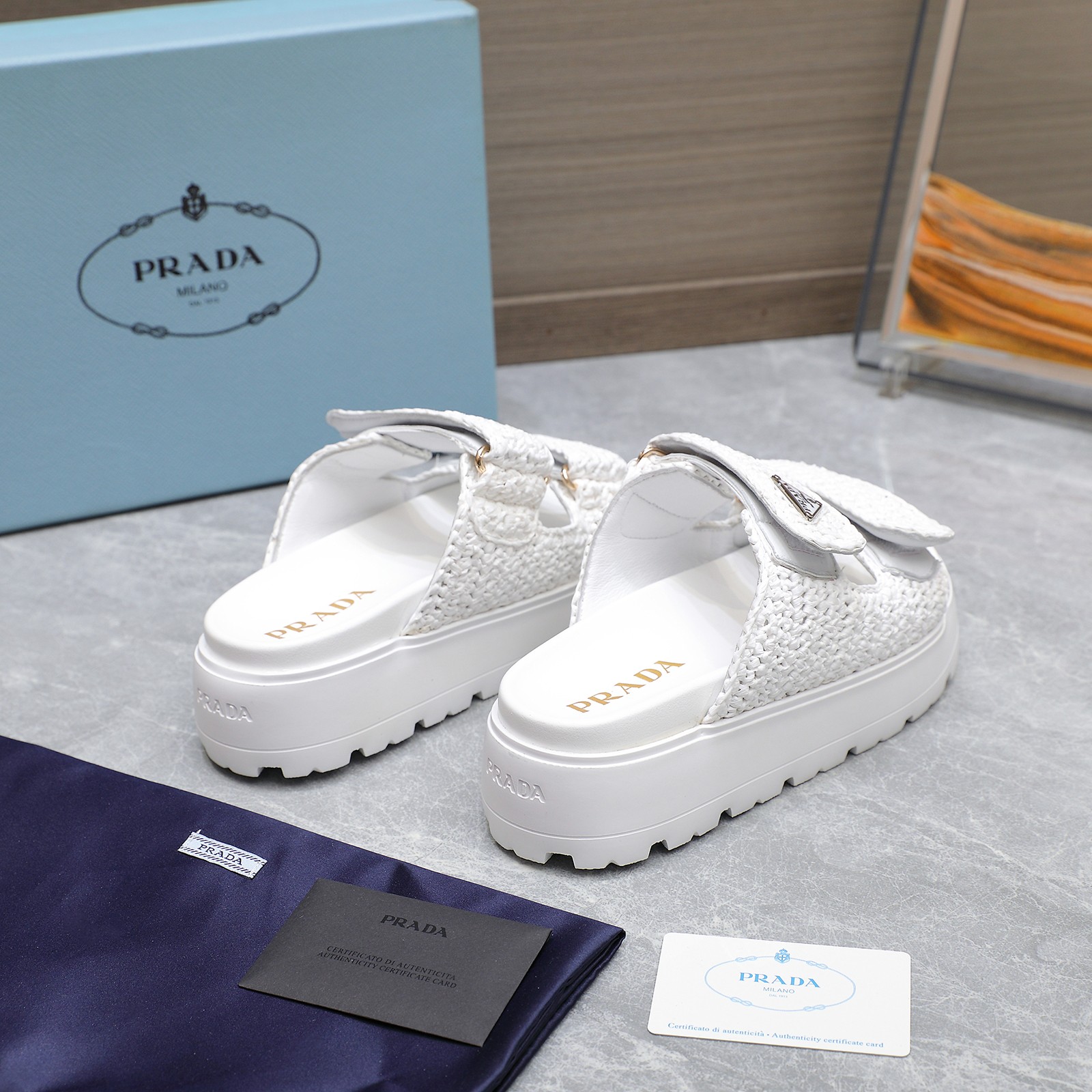 Prada Women's Woven Raffia Platform Sandals Slides White 10 a1742316392159 0411