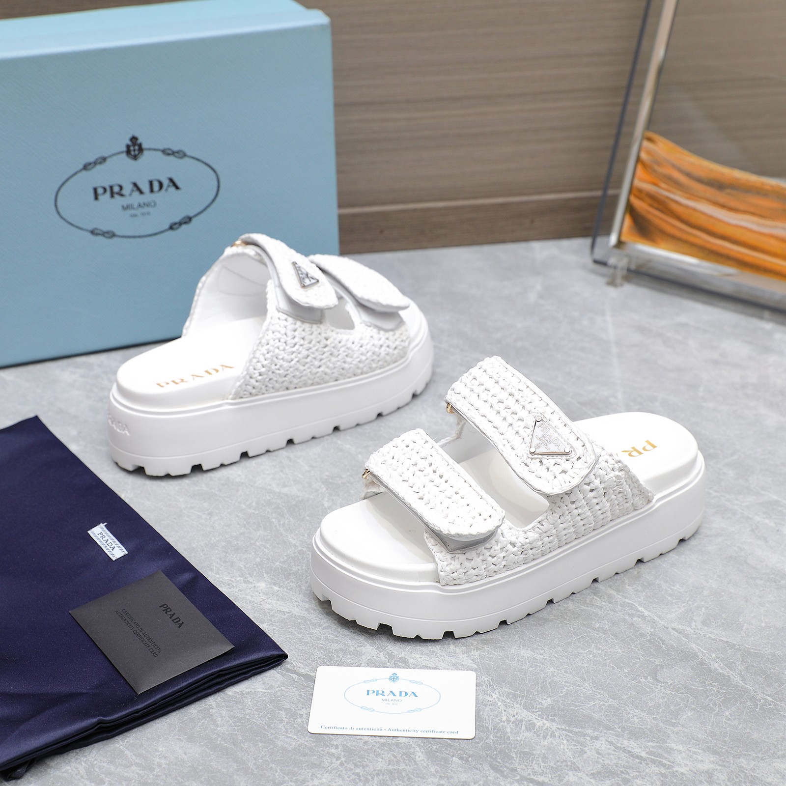 Prada Women's Woven Raffia Platform Sandals Slides White 5 a1742316392160 7135