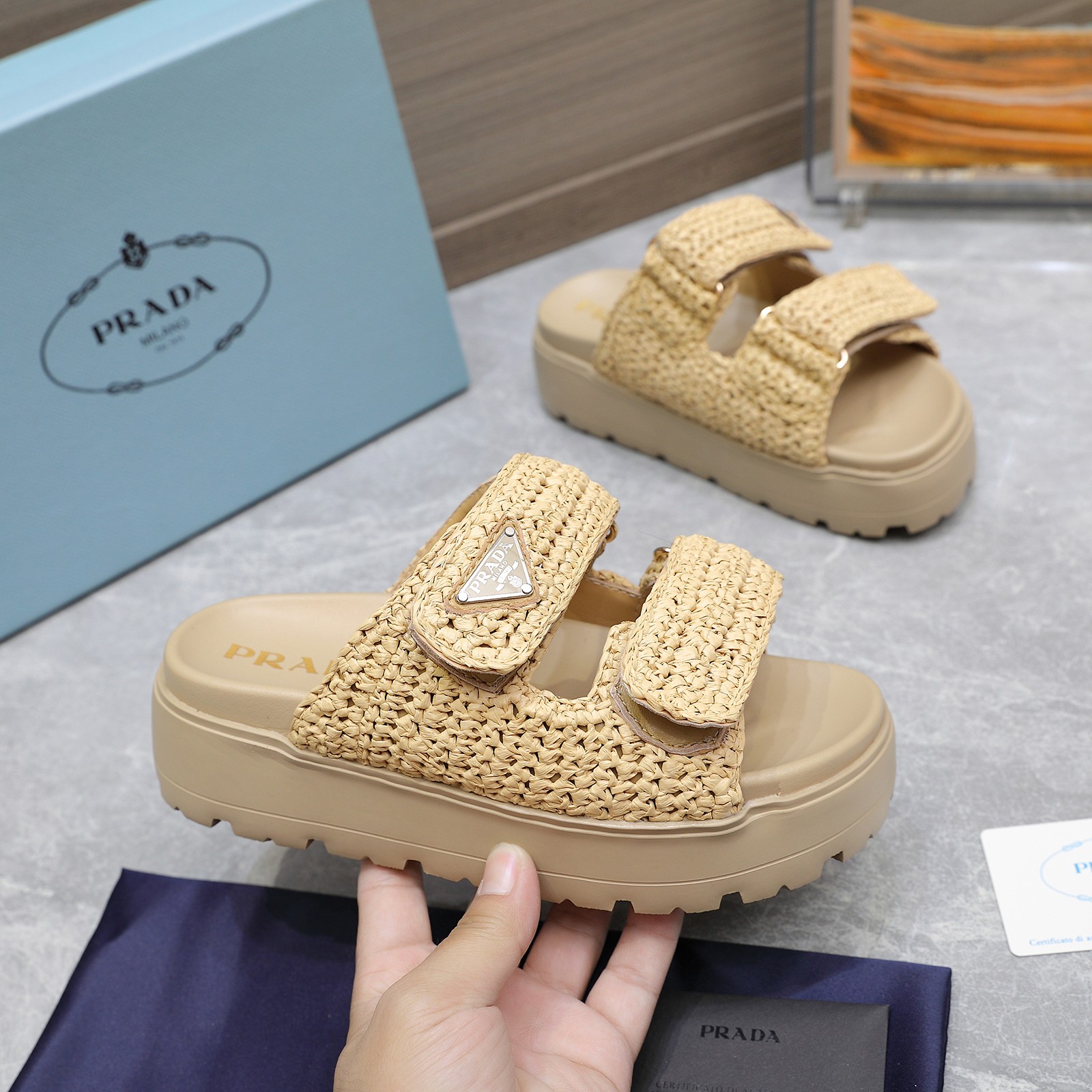 Prada Woven Raffia Platform Sandals - Chic Summer Style with Logo Detail