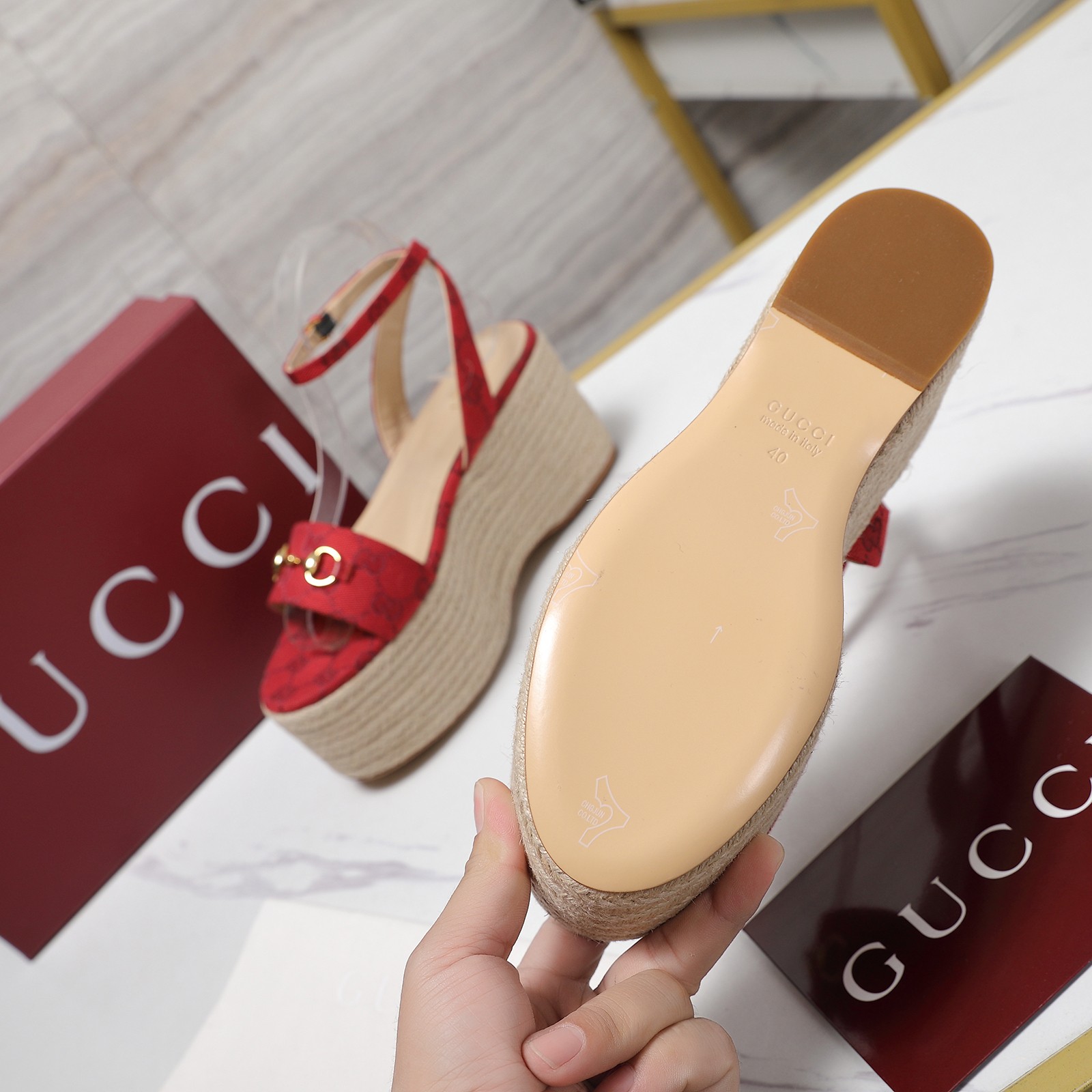 Gucci Women's Red Fabric Espadrille Platform Sandals with Ankle Strap 9 a1744029401783 5723