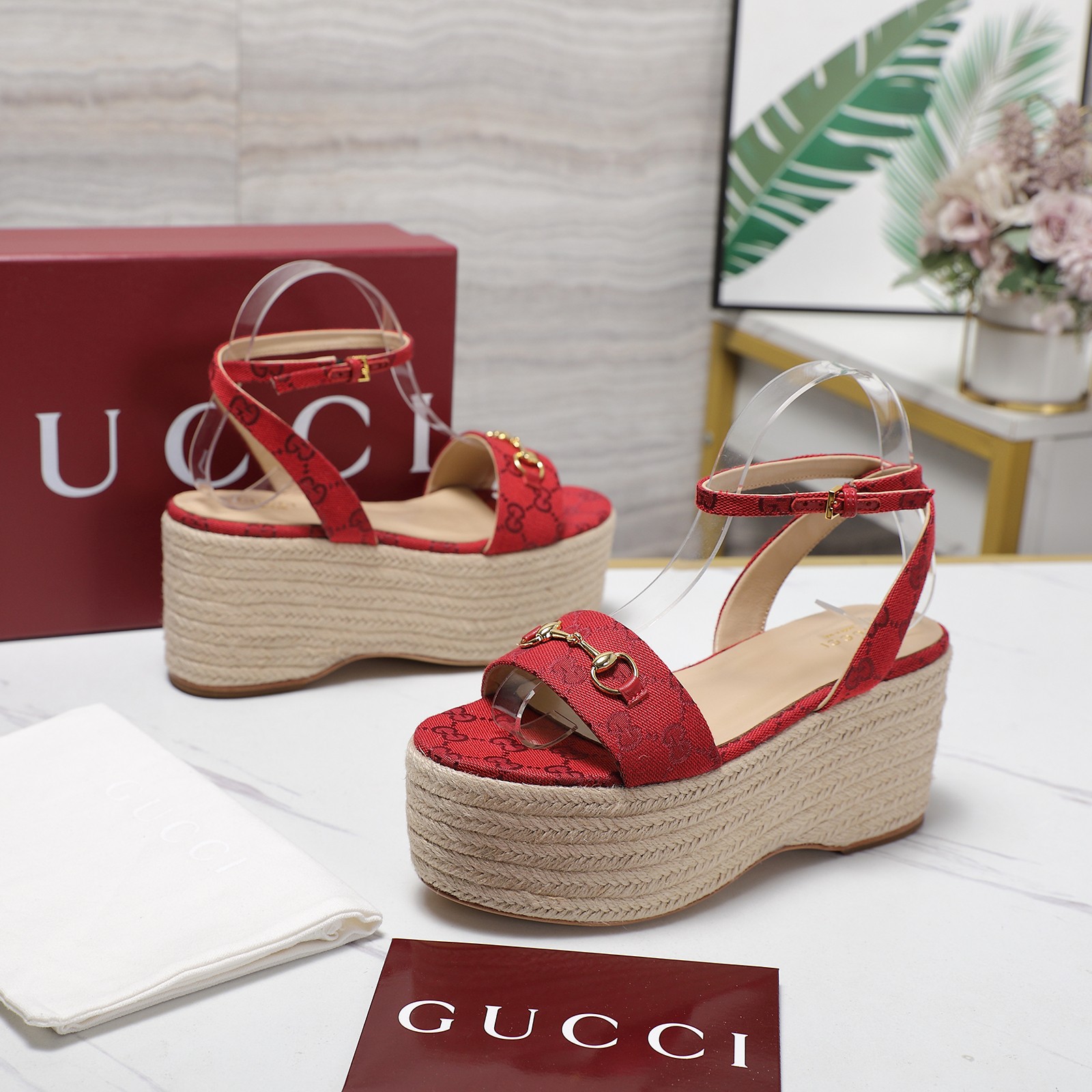 Gucci Women's Red Fabric Espadrille Platform Sandals with Ankle Strap 3 a1744029401793 7340