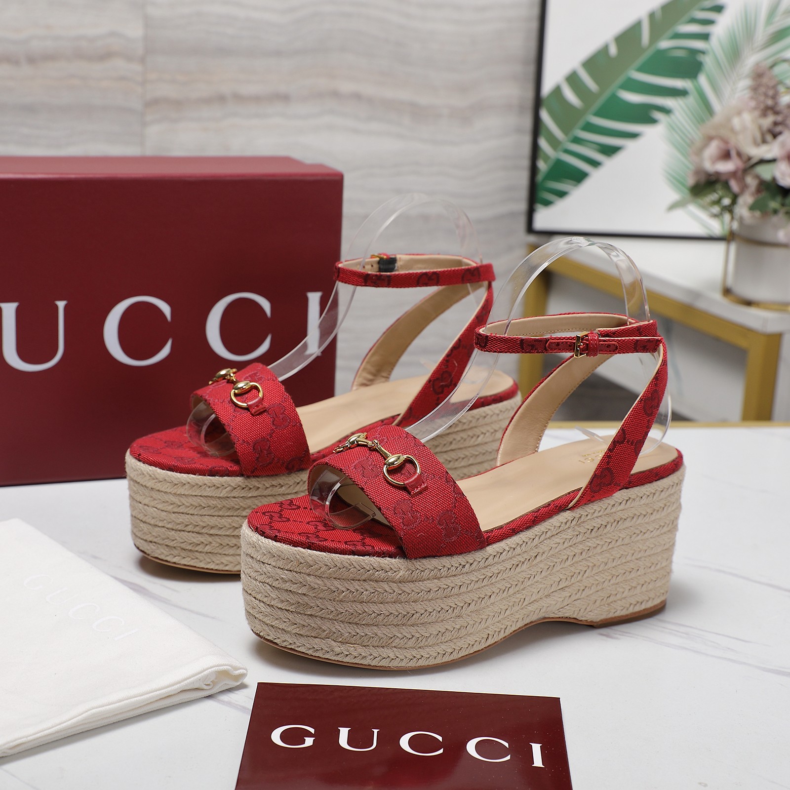 Gucci Women's Red Fabric Espadrille Platform Sandals with Ankle Strap 4 a1744029401811 5313