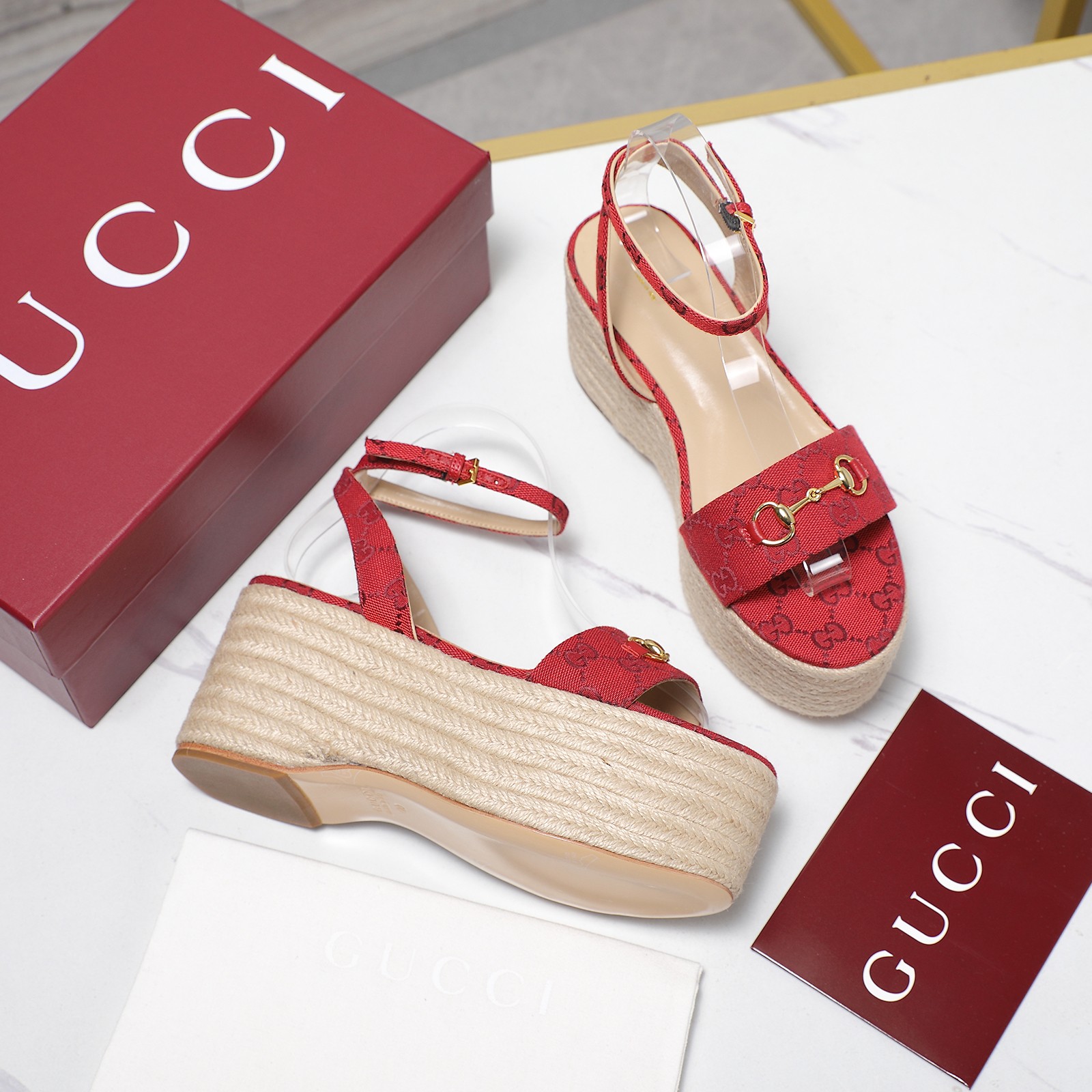 Gucci Women's Red Fabric Espadrille Platform Sandals with Ankle Strap 5 a1744029401839 0771