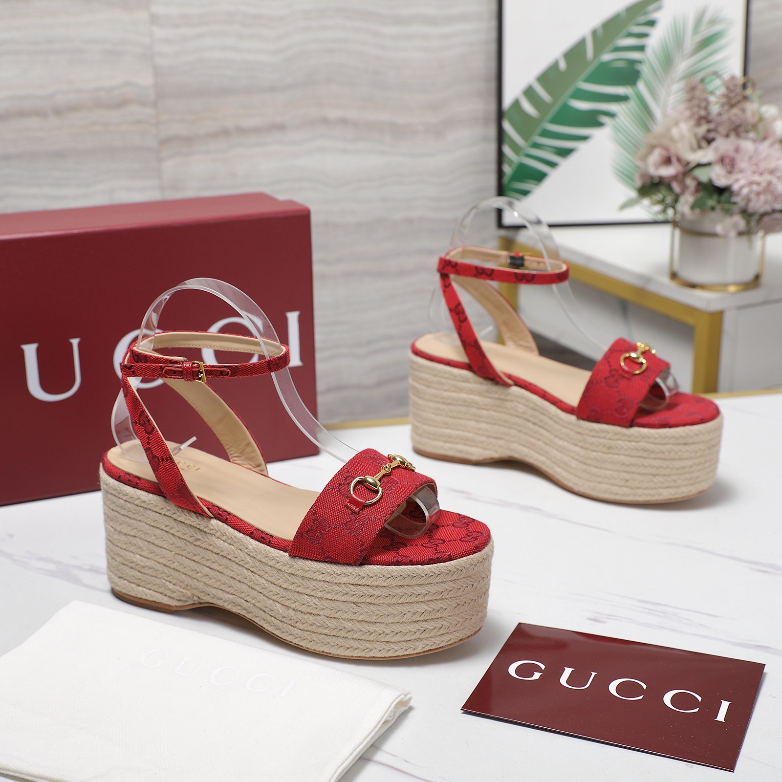 Gucci Women's Red Fabric Espadrille Platform Sandals with Ankle Strap 10 a1744029403068 8782
